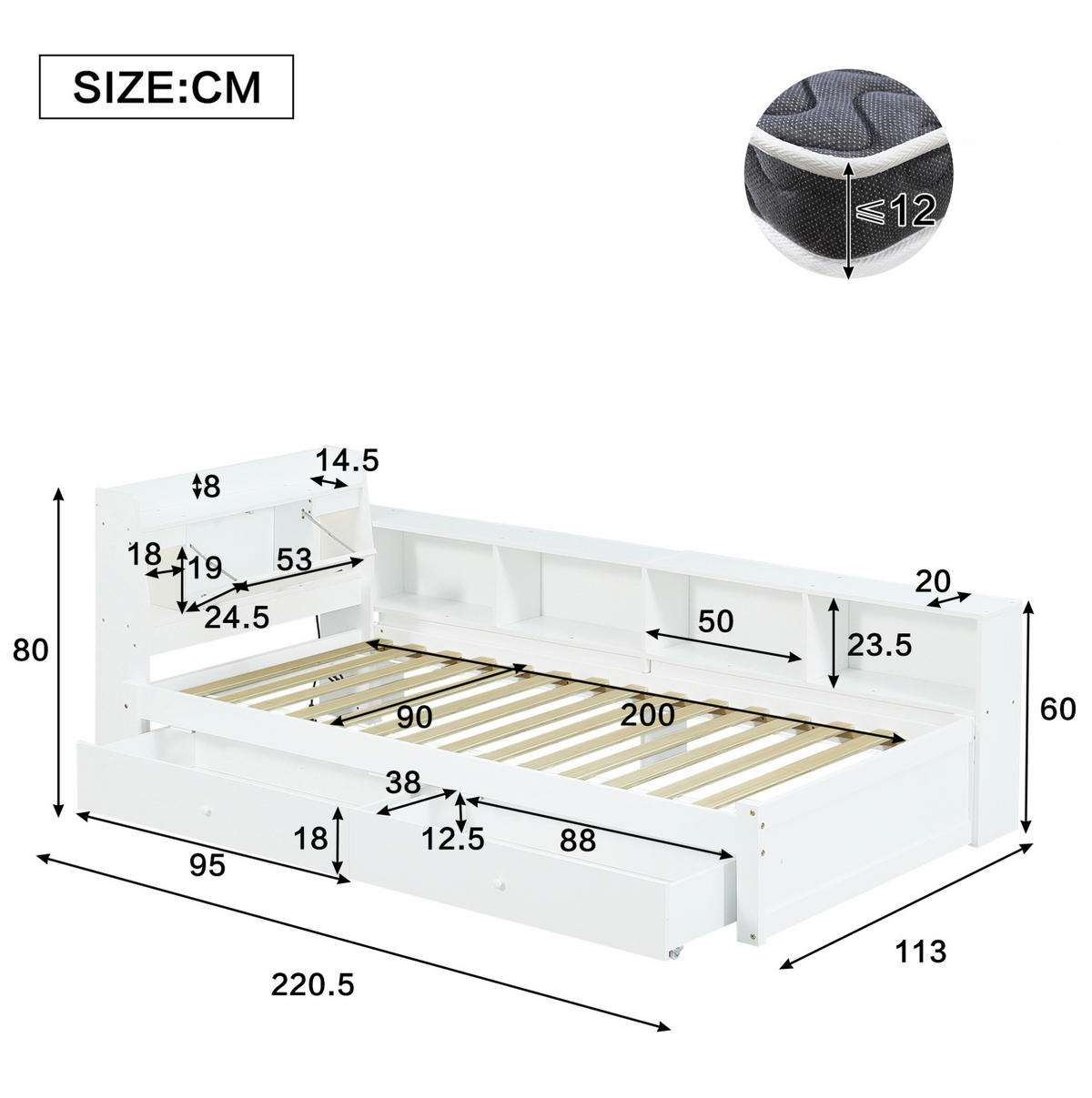 BETT 90/200 cm Weiß mit Stauraum, Leuchten und Ladebuchse - Weiß, Holz (90/200cm) - Flora Grace