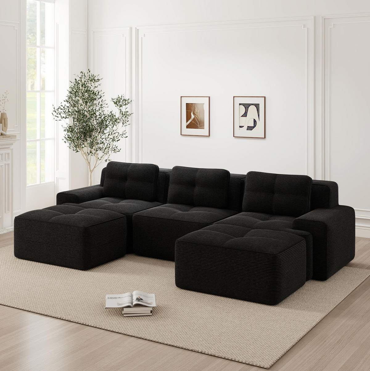 3-SITZER Sofa montagefrei mit Tiefsitz, Cordbezug und rutschfester Basis, Schwarz - Schwarz, Textil (293/69/177cm) - Redom