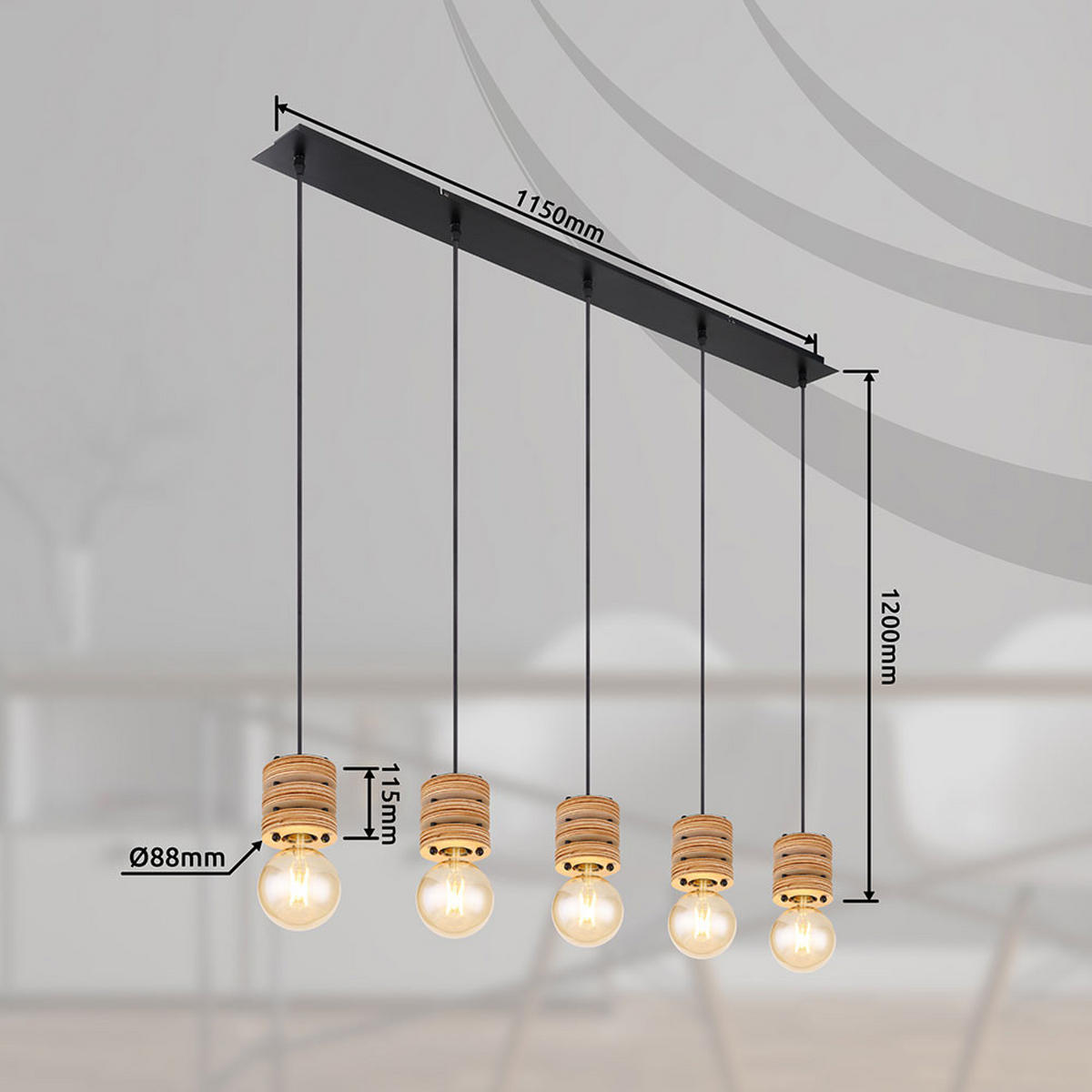 HÄNGELEUCHTE ANGELINE Metall Schwarz Holzoptik - Schwarz, Metall (116/10/120cm) - Globo Lighting