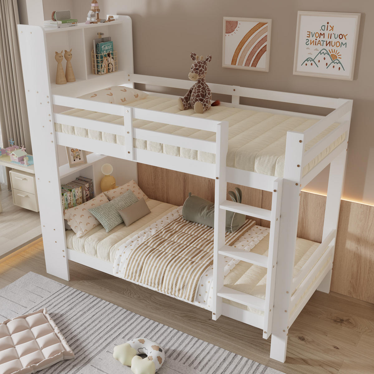 ETAGENBETT 90/200 cm Weiß mit Regalen und sicherer Leiter aus Massivholz - Weiß, Holzwerkstoff (90/200cm) - OKWISH