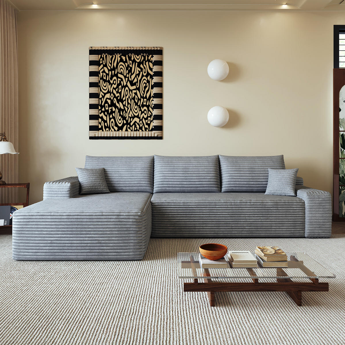 ECKSOFA 270/175/83 cm Grau Cord mit Chaiselongue, Linke Seite - Grau, Textil (270/175cm) - Oxeza
