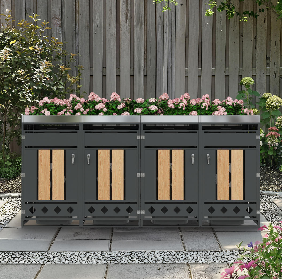 MÜLLTONNENBOX aus Stahl in Grau/Holzoptik mit Pflanzkasten & 4 Türen 264x80x124,5 cm - Grau, Metall (264/124.5/80cm) - Modfu