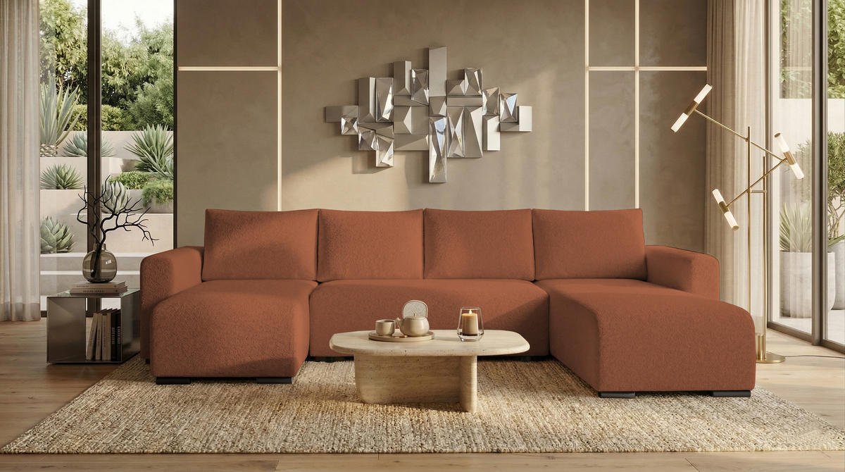 WOHNLANDSCHAFT DORA U mit Bettkasten und Schlaffunktion, U-Form, bequem - Orange, Textil (305/85/140cm) - Storez24