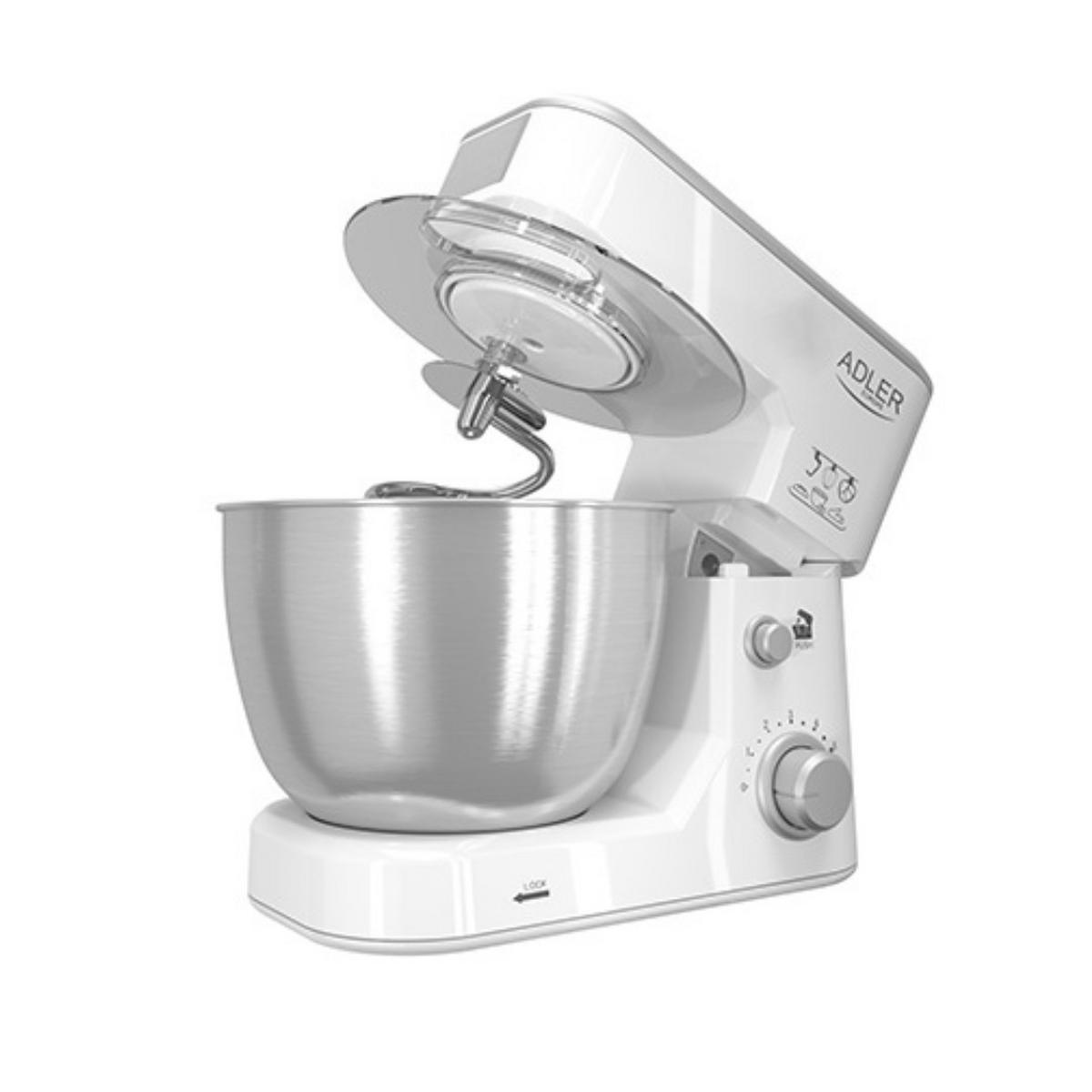 KÜCHENMASCHINE 1000W –AD42- Knet- & Rührmaschine, 4L Edelstahlschüssel, 6 Stufen, Teigzubereiter, Schlagbesen &Knetarm, Knetmaschine Teigmaschine - Silberfarben/Weiß, Kunststoff/Metall (25/35/33cm) - Adler