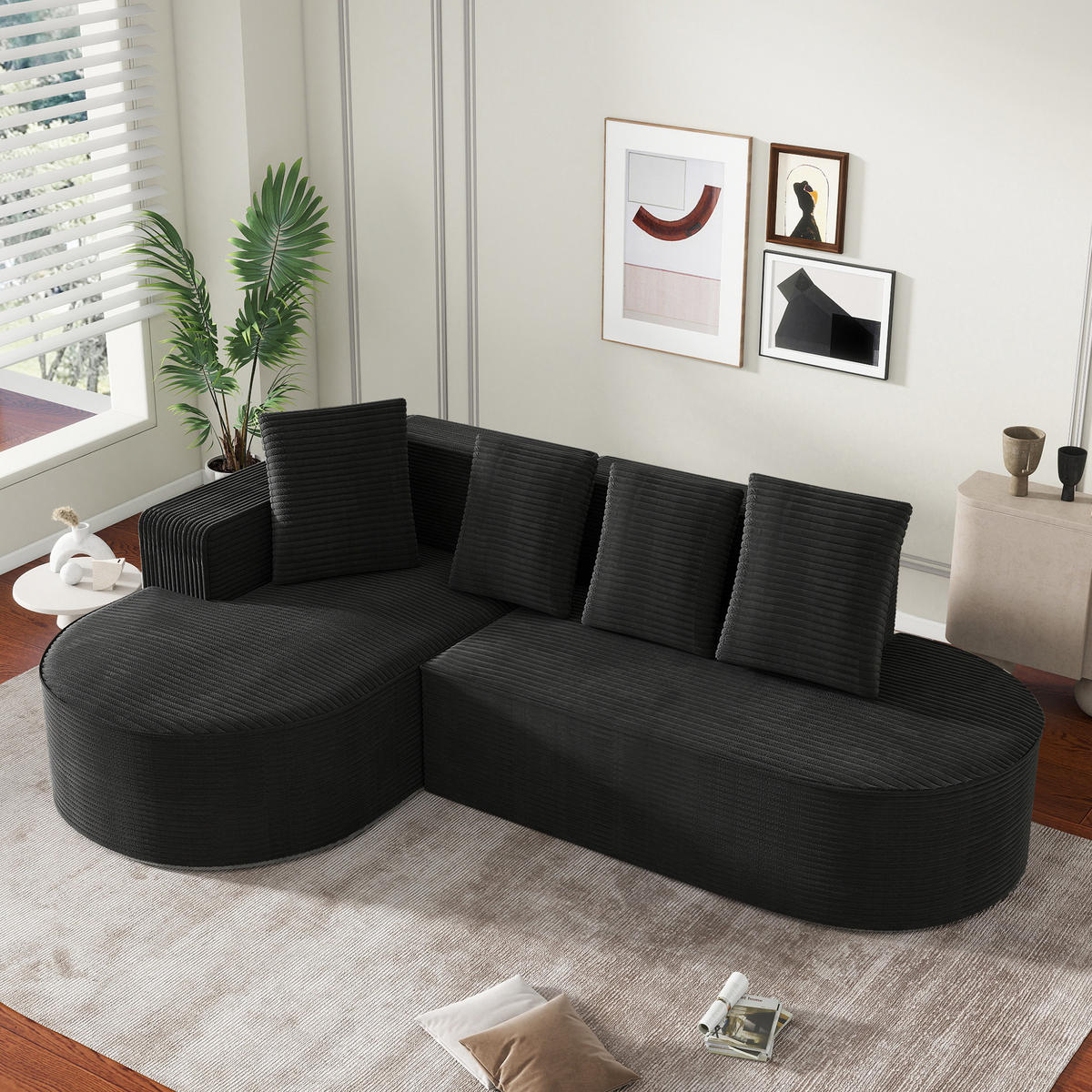 MODULARES Ecksofa Cord Sitzhöhe 40,5 cm mit tiefem Sitz 265/165/67 cm Schwarz - Schwarz, Textil (165/265cm) - Redom