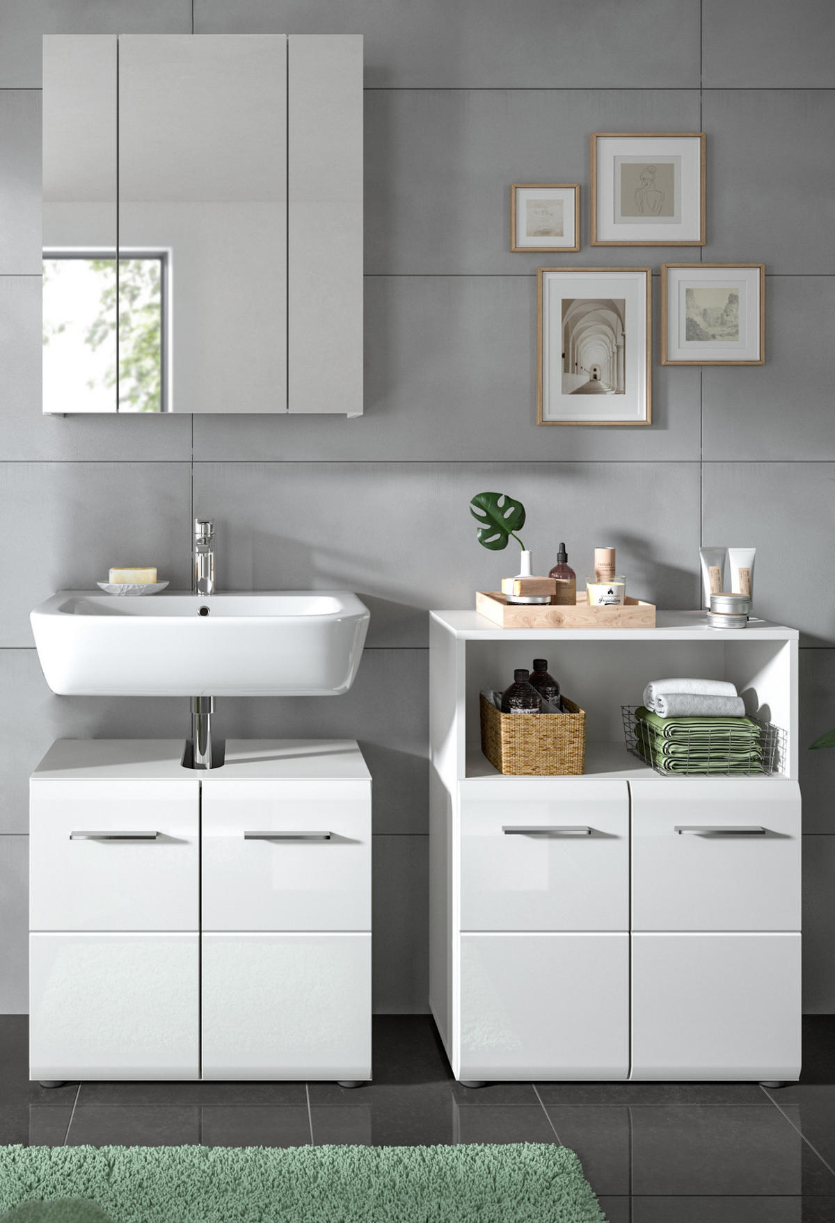 BADMÖBEL SET 3-teilig in weiß Hochglanz Badkombination 135 x 185 cm Cover - Weiß Hochglanz/Silberfarben, Holzwerkstoff/Kunststoff (135/185/30cm) - Inn.Furn