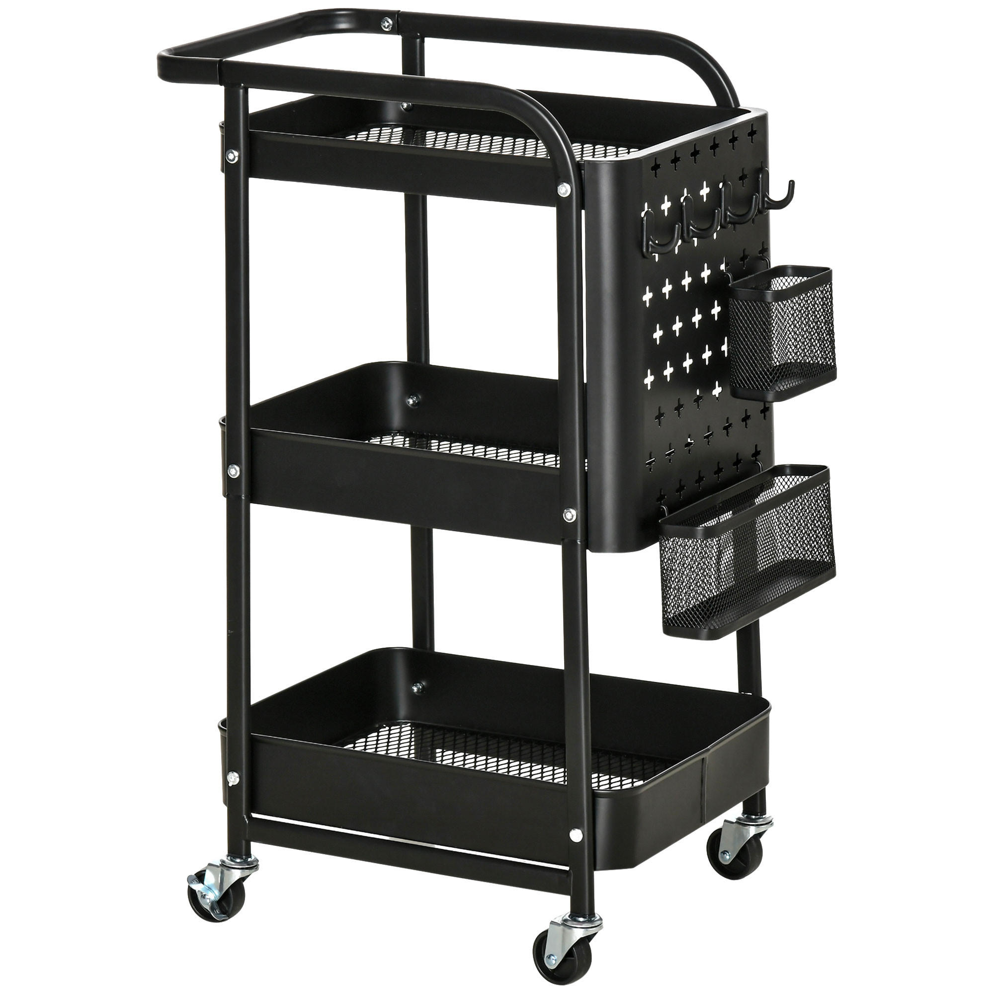 SERVIERWAGEN mit 3 Ebenen, Schwarz, 51,5L x 32B x 75,6H cm - Schwarz, Metall (51.5/75.6/32cm) - HOMCOM