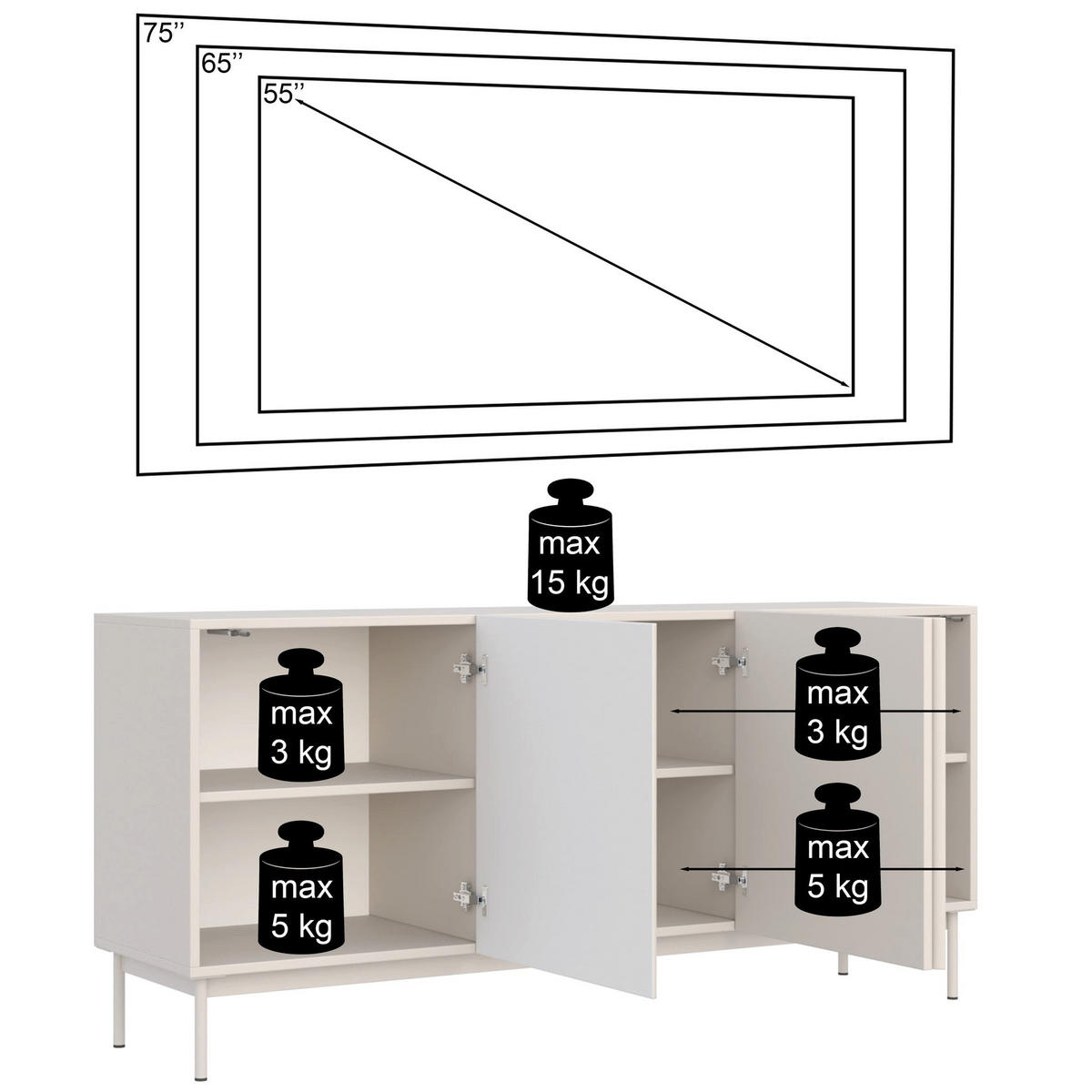 TV-STOLEK Olio vysoký 3-dveřový černý 160 cm - černá, kov/kompozitní dřevo (160/72/38.6cm) - Selsey
