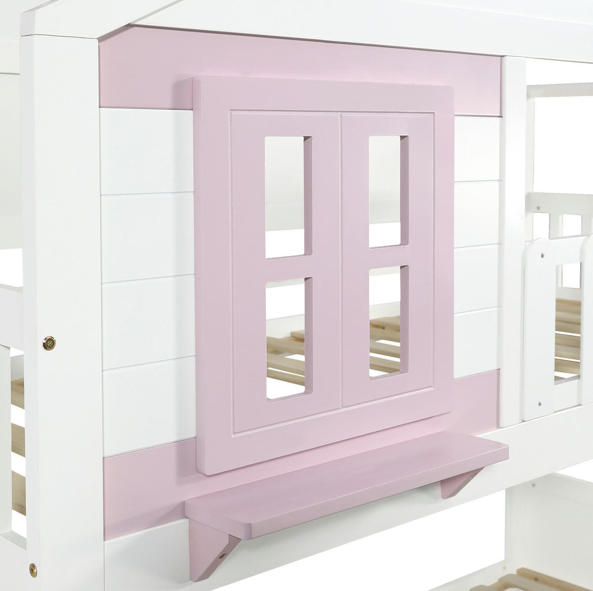 ETAGENBETT aus Kiefer und MDF 90x200 cm Weiß+Rosa mit Rollbett, Treppenaufbewahrung und Kleiderbereich - Weiß, Holz (90/200cm) - Modfu