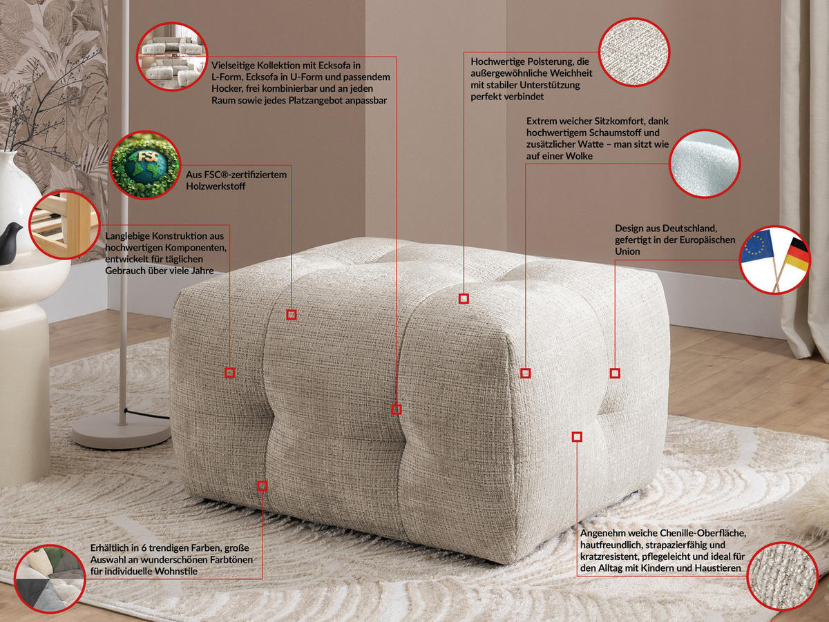 ECKSOFA inkl. Hocker Kozy im Bumpy-Design mit Schlaffunktion und fester Rückenlehne aus weichem Dunkelbeige Chenille-Stoff - Ottomane rechts - Beige/Schwarz, Holz/Kunststoff (234/161cm) - S-Style Möbel