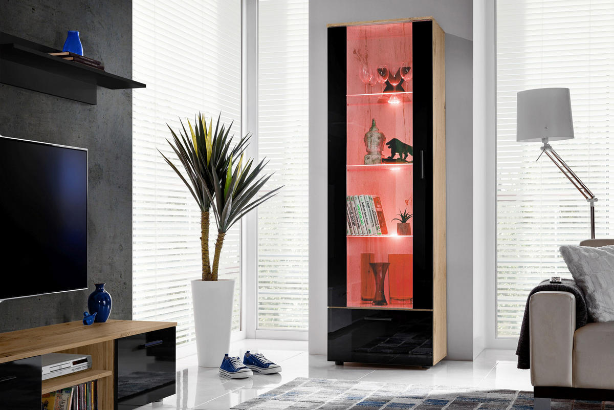 VITRINE ALESSANDRIA, Schwarz, LED Mehrfarbige - Eiche Wotan/Schwarz, Glas/Holzwerkstoff (60/192/42cm) - Komodee