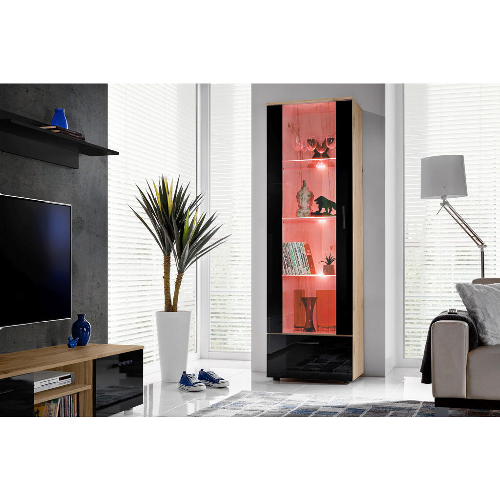 Thumbnail - Komodee Vitrine, Eiche Wotan, Schwarz, Glas, Holz Optik, 3 Fächer, Rechteckig, 60x192x42 cm, Wohnzimmer, Wohnwände, Vitr...