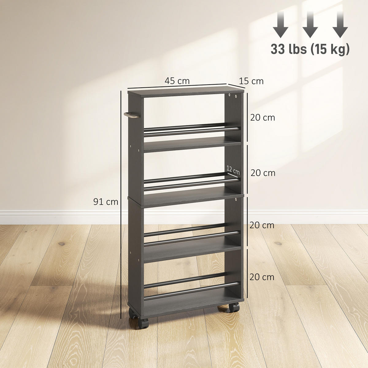 ROLLWAGEN, Schmaler Servierwagen mit 4 Etagen, Griffe, für Küche, Schwarz - Silberfarben/Schwarz, Holzwerkstoff/Metall (15/91/45cm) - HOMCOM