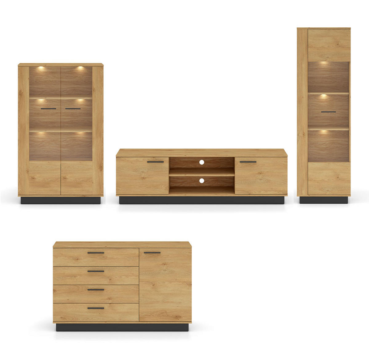 WOHNZIMMER-SET Modesto Eiche Style hell / schwarz 4-teilig - Hellbraun/Eichefarben, Holz/Holzwerkstoff (460/196/40cm) - Feldmann-Wohnen