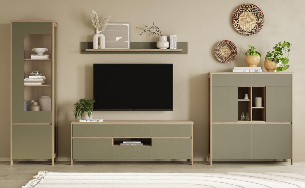 TV-LOWBOARD Salbei grün, Eiche, TV Unterteil skandinavisch 164 cm, Soft-Close - Salbeigrün/Eichefarben, Holzwerkstoff/Metall (164/58/39cm) - Furn.Design