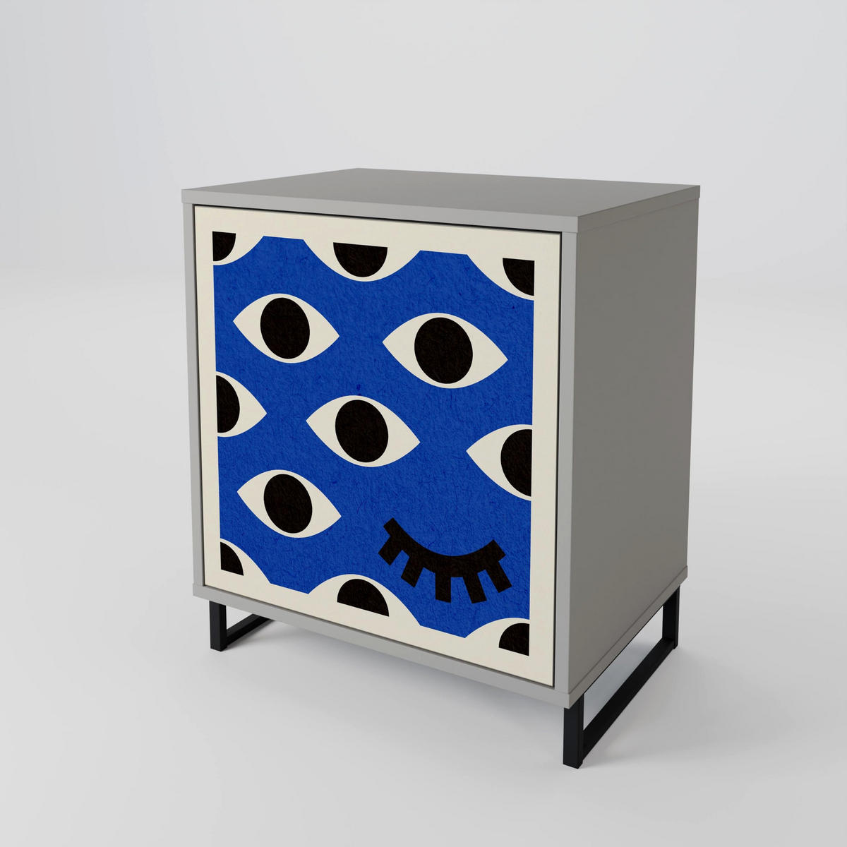 SIDEBOARD GEOMETRIC EYES, Grau, 57,5x42x72,5 cm, Schwarze Metallfüße - Multicolor/Schwarz, Holzwerkstoff/Metall (57.5/72.5/42cm) - SpaceRebels