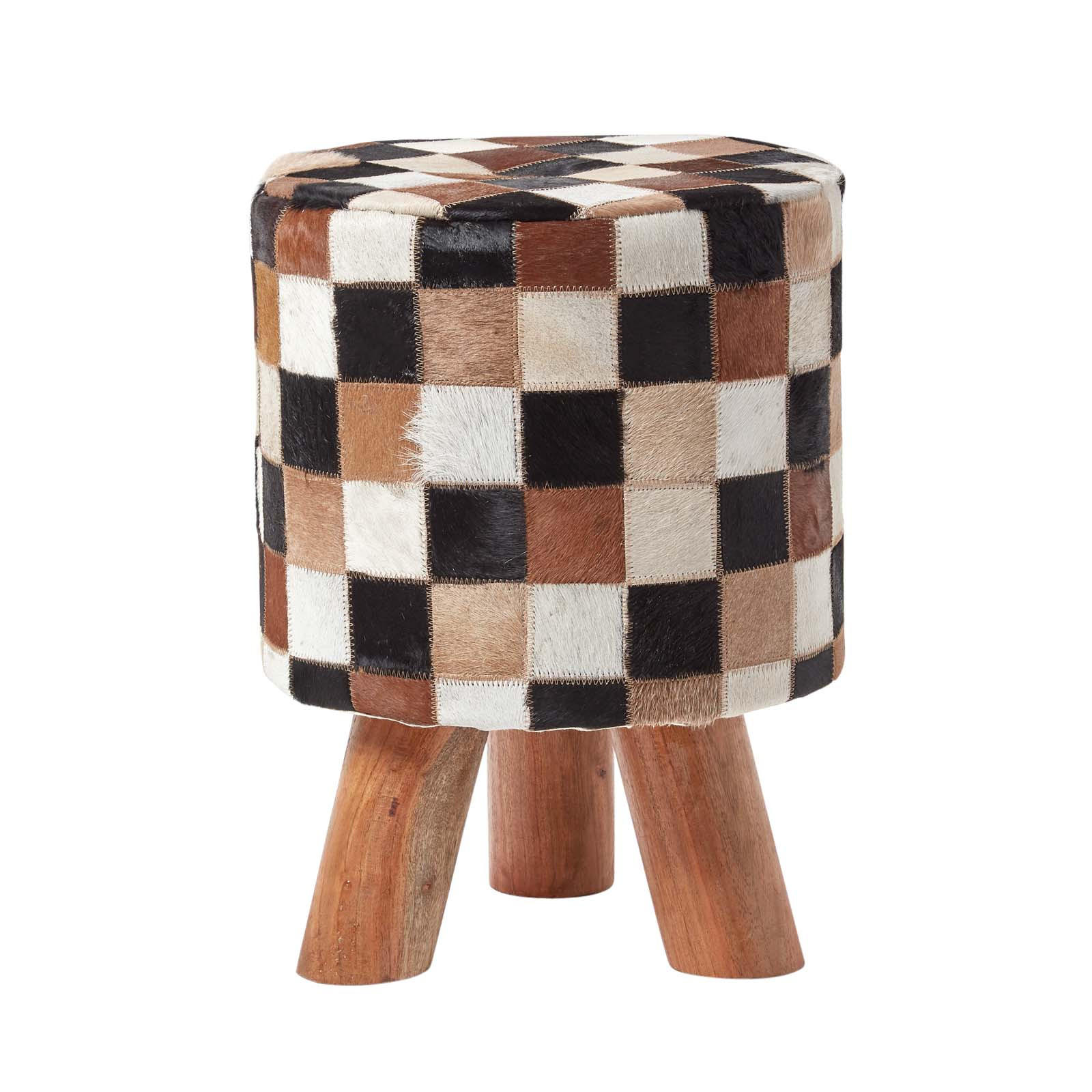 PATCHWORK-HOCKER Fell mit Holzbeinen, 32/32/42 cm - Braun, Leder (32/42/32cm) - Homescapes