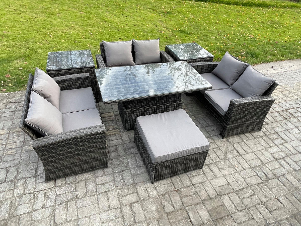 GARTENGARNITUR Polyrattan Dunkelgrau 7-Sitzer - Dunkelgrau, Metall - Fimous