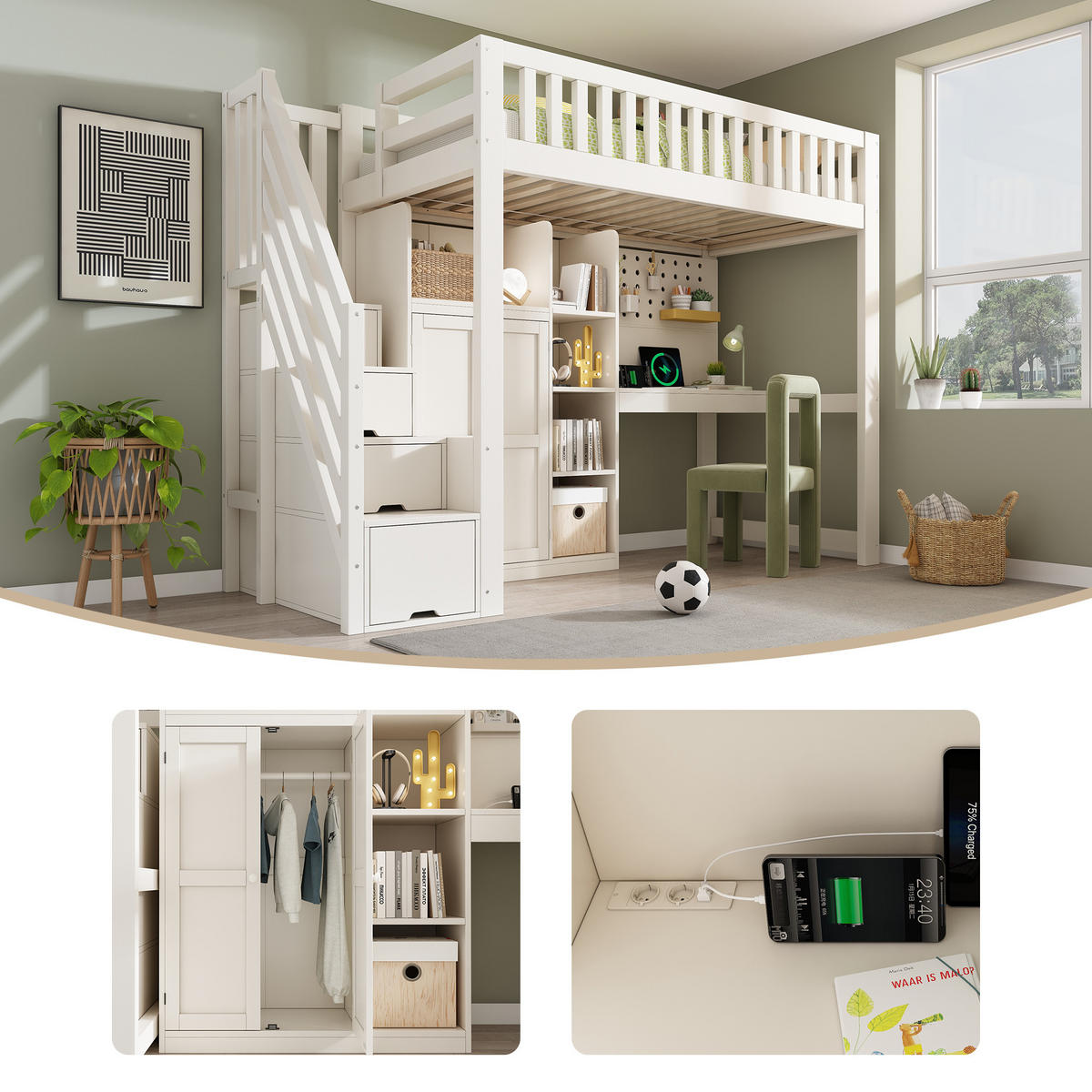 HOCHBETT 90/200 cm DE-00905, in Weiß, Schreibtisch und Kleiderschrank - Weiß, Holz (90/200cm) - ComfortXL