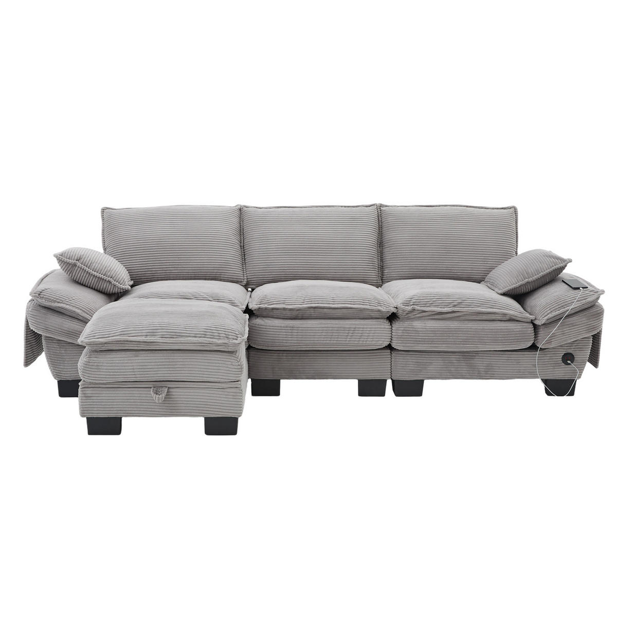 ECKSOFA 260/132/84 cm hellgrau aus Cord mit Hocker und USB-C - Hellgrau, Textil (132/260cm) - OKWISH