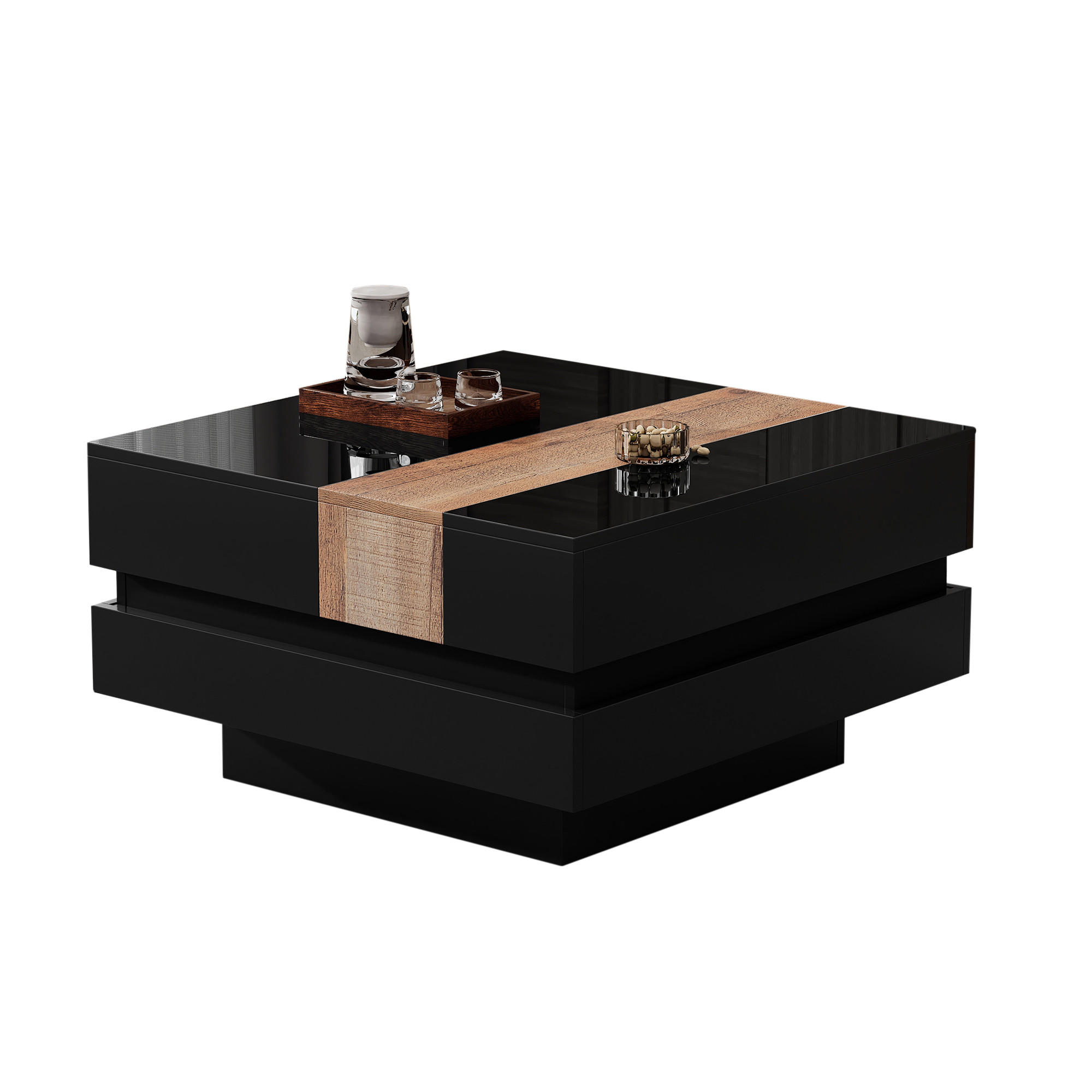 COUCHTISCH mit ausziehbarer Platte & Stauraum, MDF/PB, Schwarz-Holz Optik, Hochglanz, 70/70/39 cm,Schwarz - Schwarz, Holzwerkstoff (70/70/39cm) - Redom