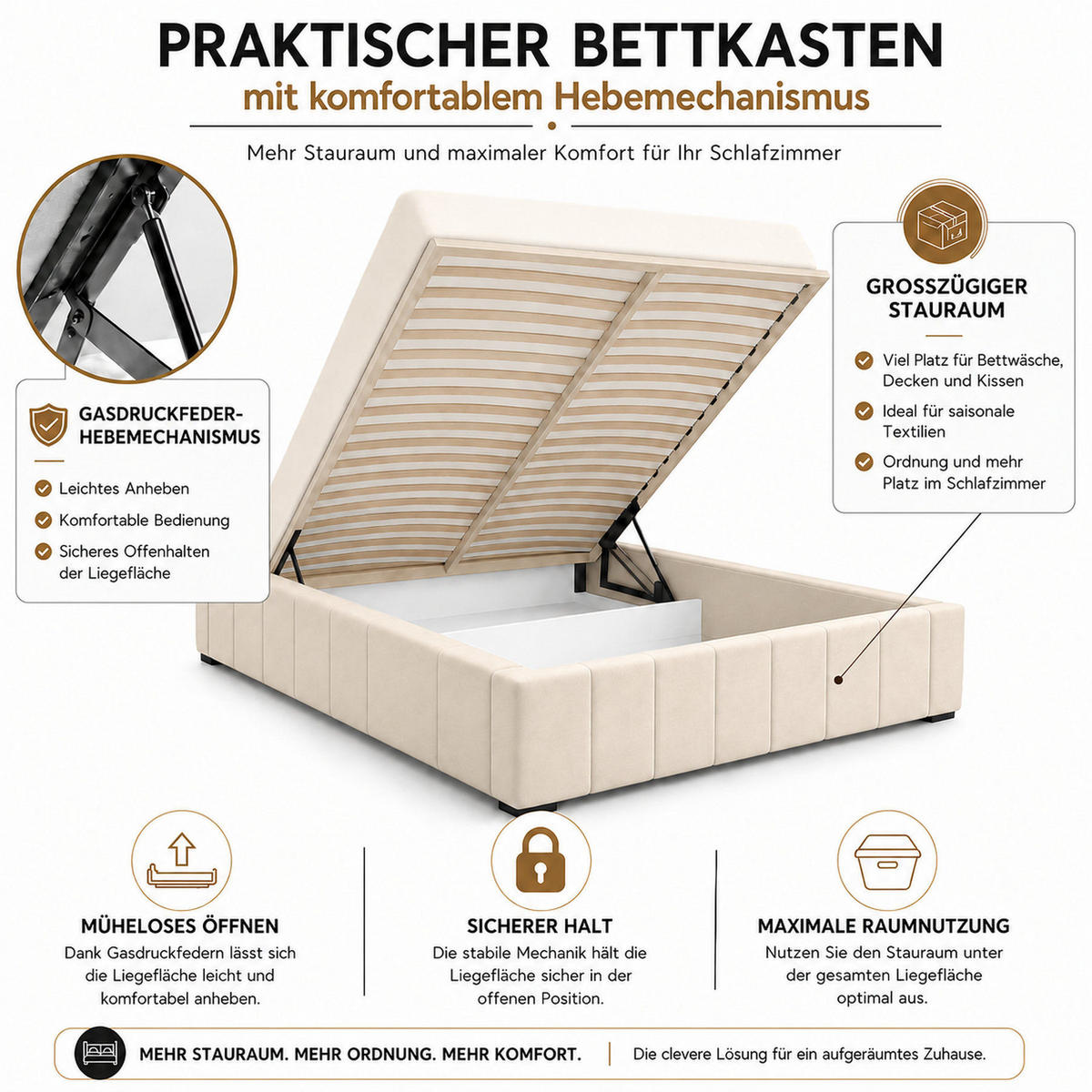 MARPUR Polsterbett NERO 180x200 cm mit Bettkasten und Lattenrost, Beige - Chromfarben/Beige, Holz/Holzwerkstoff (180/200cm) - Marpur