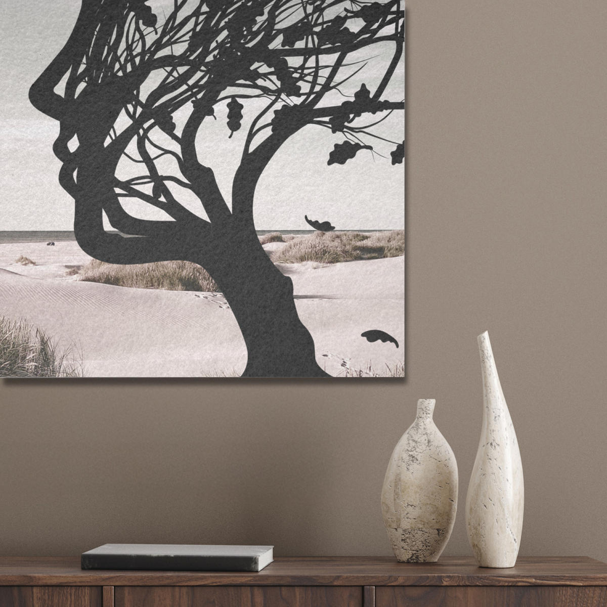 AKUSTIKBILD Strand - Meer - Menschen - Baum - Moderne Kunst Akustikpaneele 80x80 cm - Hellgrau, Kunststoff (80/80/0.9cm) - MuchoWow