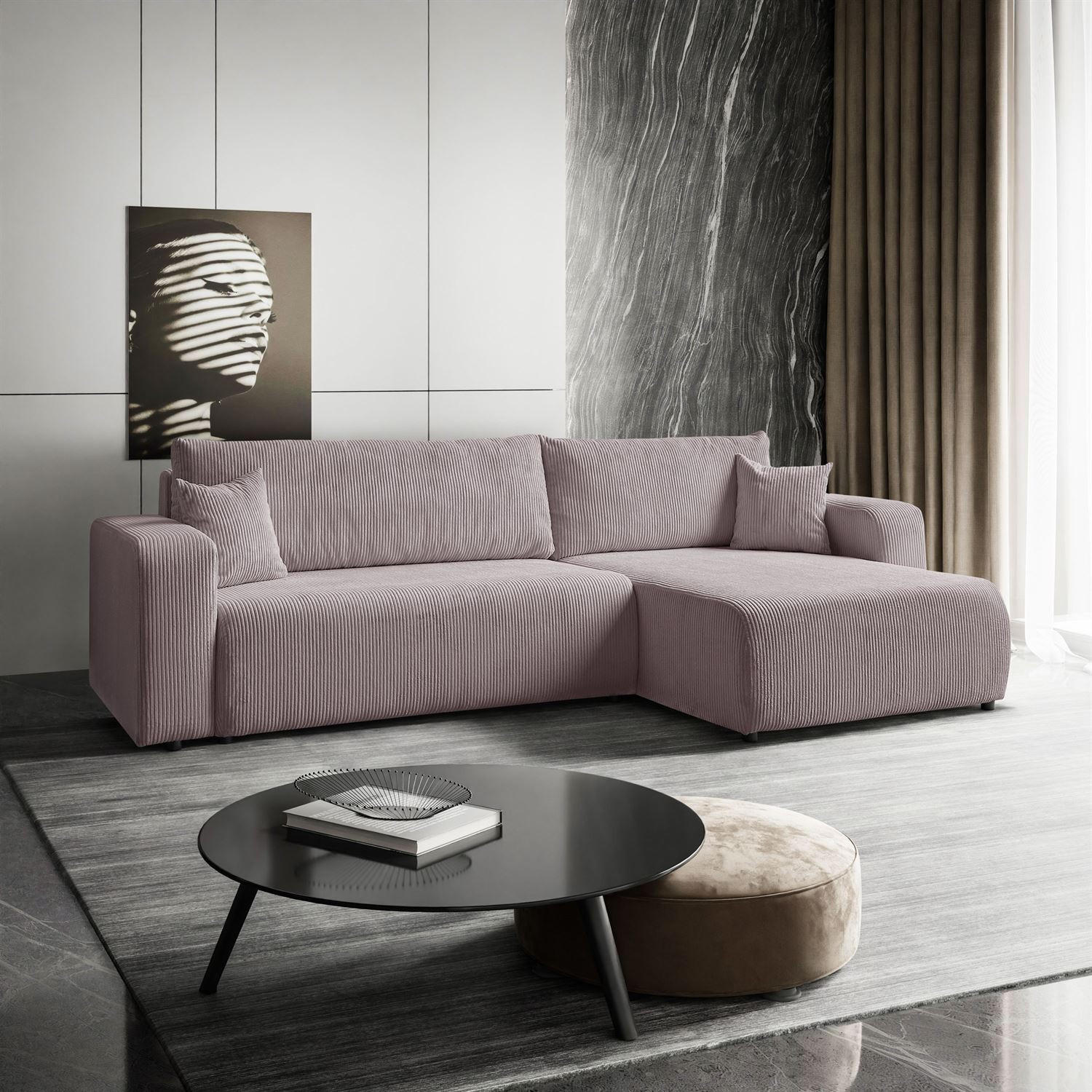 ECKSOFA Gepolstertes PRESTIGE XL mit Schlaffunktion und Bettkasten, Poso 27 - Rosa, Textil (277/143cm) - Lookway