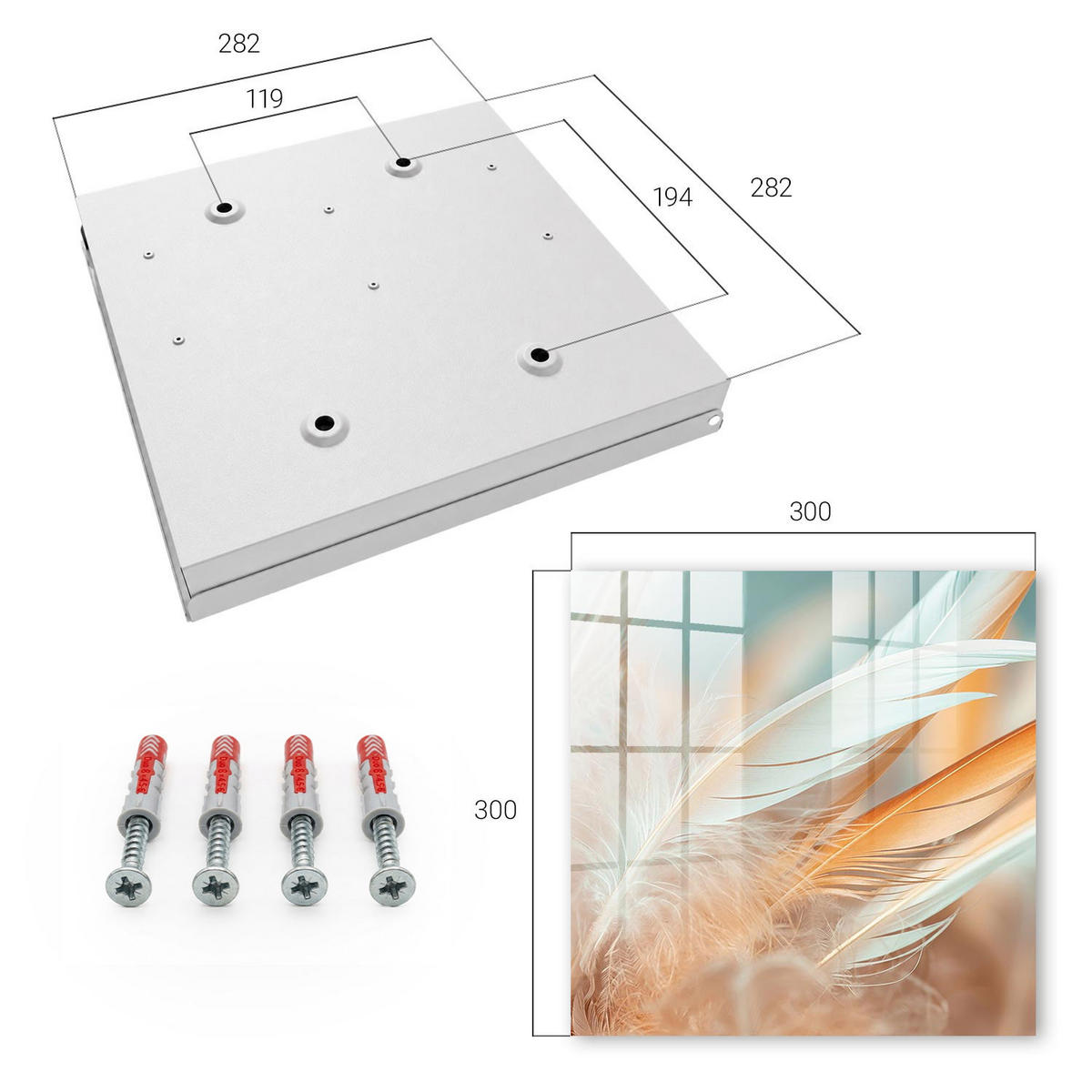 SCHLÜSSELBOX Weiß 30x30 cm – Türöffnung nach rechts - Pastellfarbene Federn - Beige, Metall (30/30/5cm) - TULUP