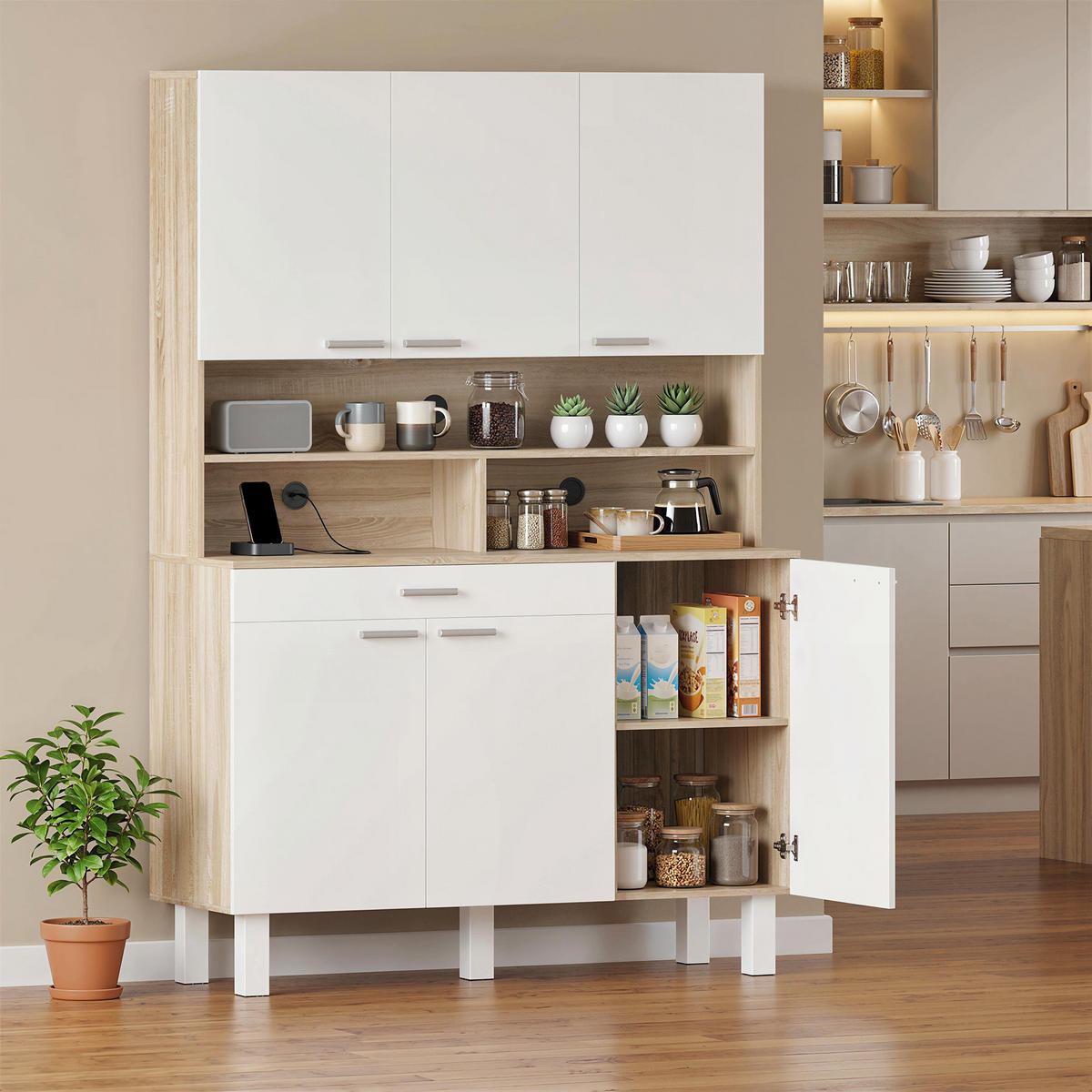 KÜCHENSCHRANK Weiß und Naturholz-Optik, 6 Türen, 120/40/175 cm - Weiß, Holzwerkstoff (120/175/40cm) - PANGIVO