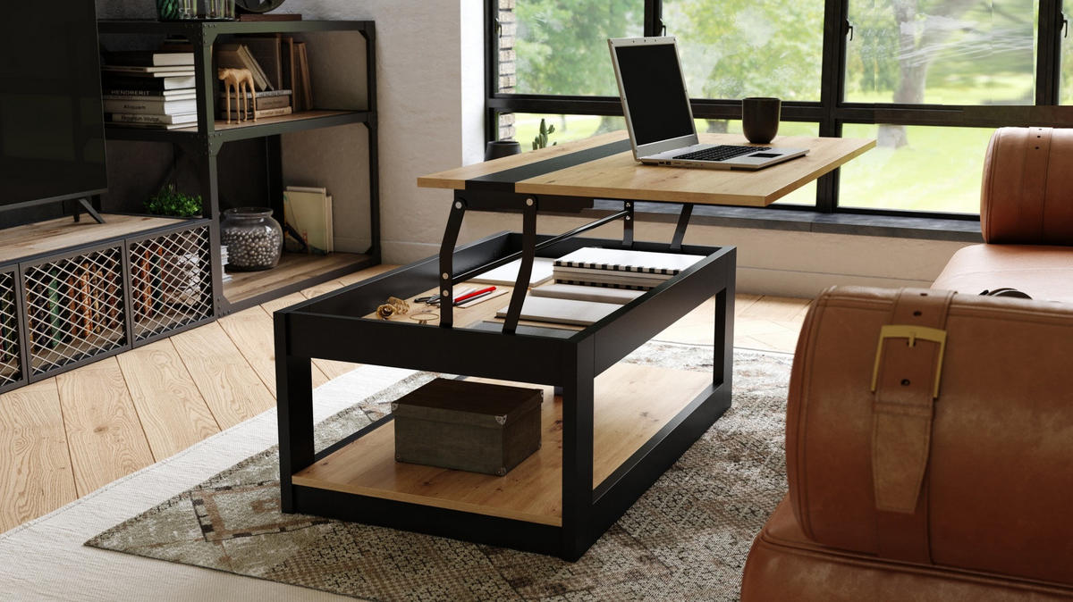 COUCHTISCH rechteckig Eiche Artisan Schwarz matt aufklappbar - Schwarz/Eiche Artisan, Holzwerkstoff (66/112/45cm) - designimpex