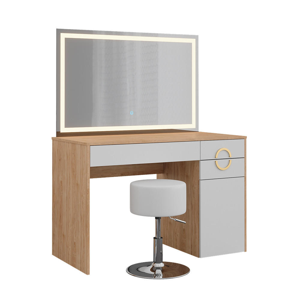 SCHMINKTISCH Adela Natural Rockford Hickory 115 cm mit LED Spiegel und Hocker - Trüffeleichefarben/Weiß, Holzwerkstoff (115/76.4/55cm) - Vicco