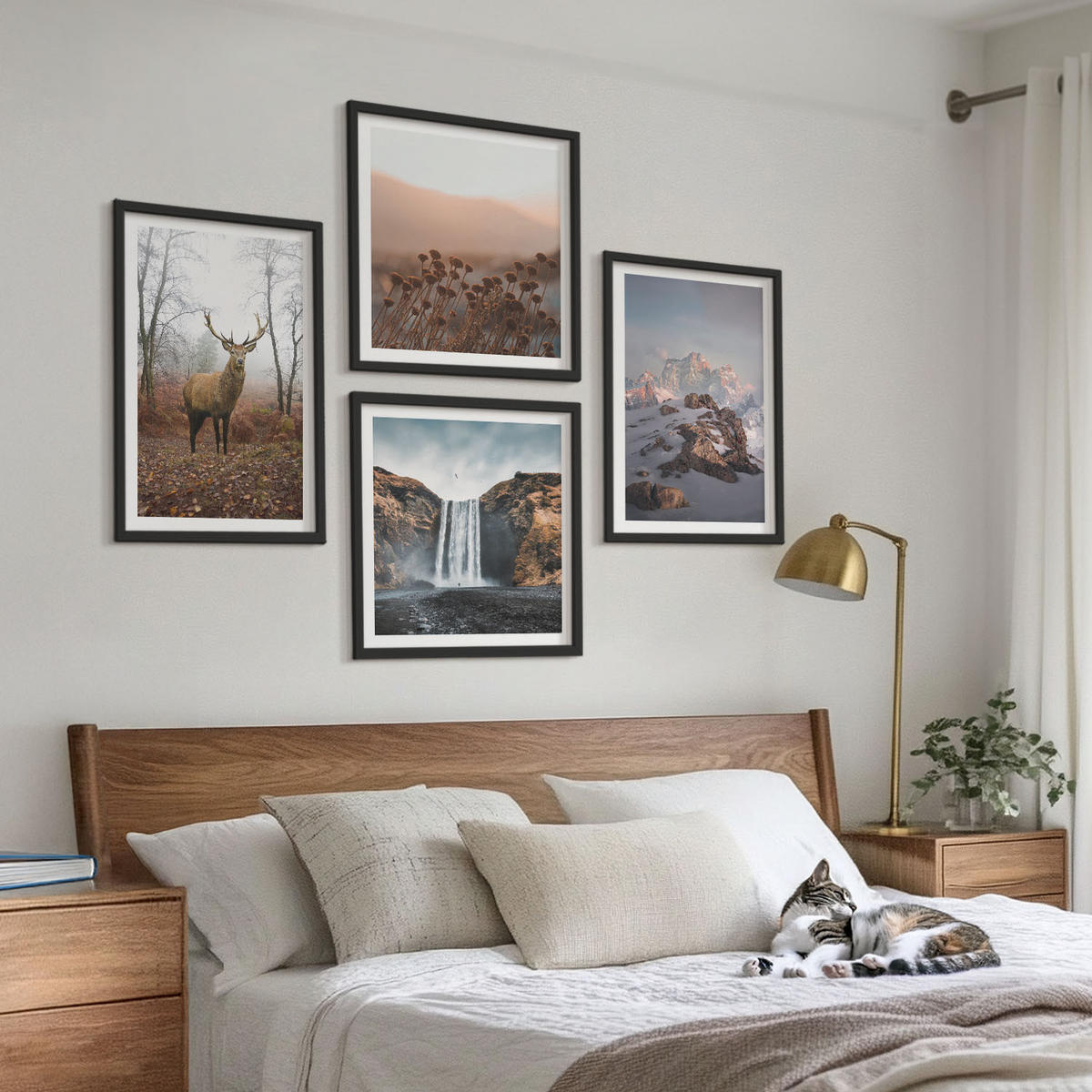 BILDER SET 4er Set - 50x50 cm & 40x60 cm Schwarzer Rahmen - Wilde Landschaften, Berge, Hirsche - Schwarz, Kunststoff (50/50cm) - TULUP