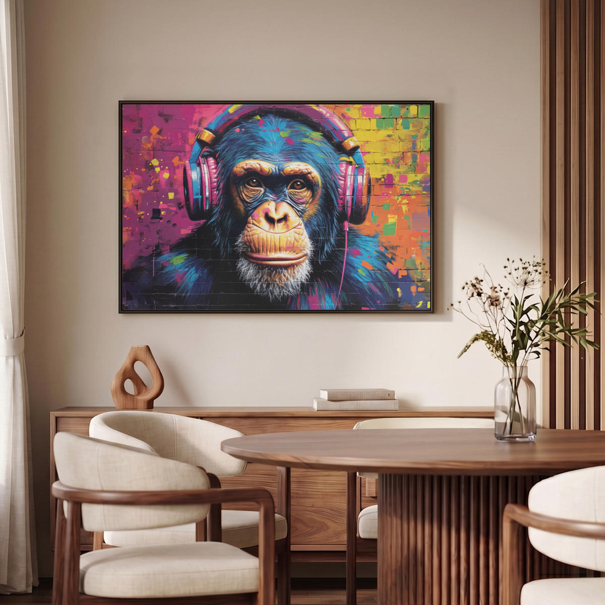 LEINWAND Bilder mit Rahmen - Graffiti - Schimpanse - Straßenkunst - Kopfhörer - Affe - 90x60 - Blau, Textil (90/60cm) - MuchoWow