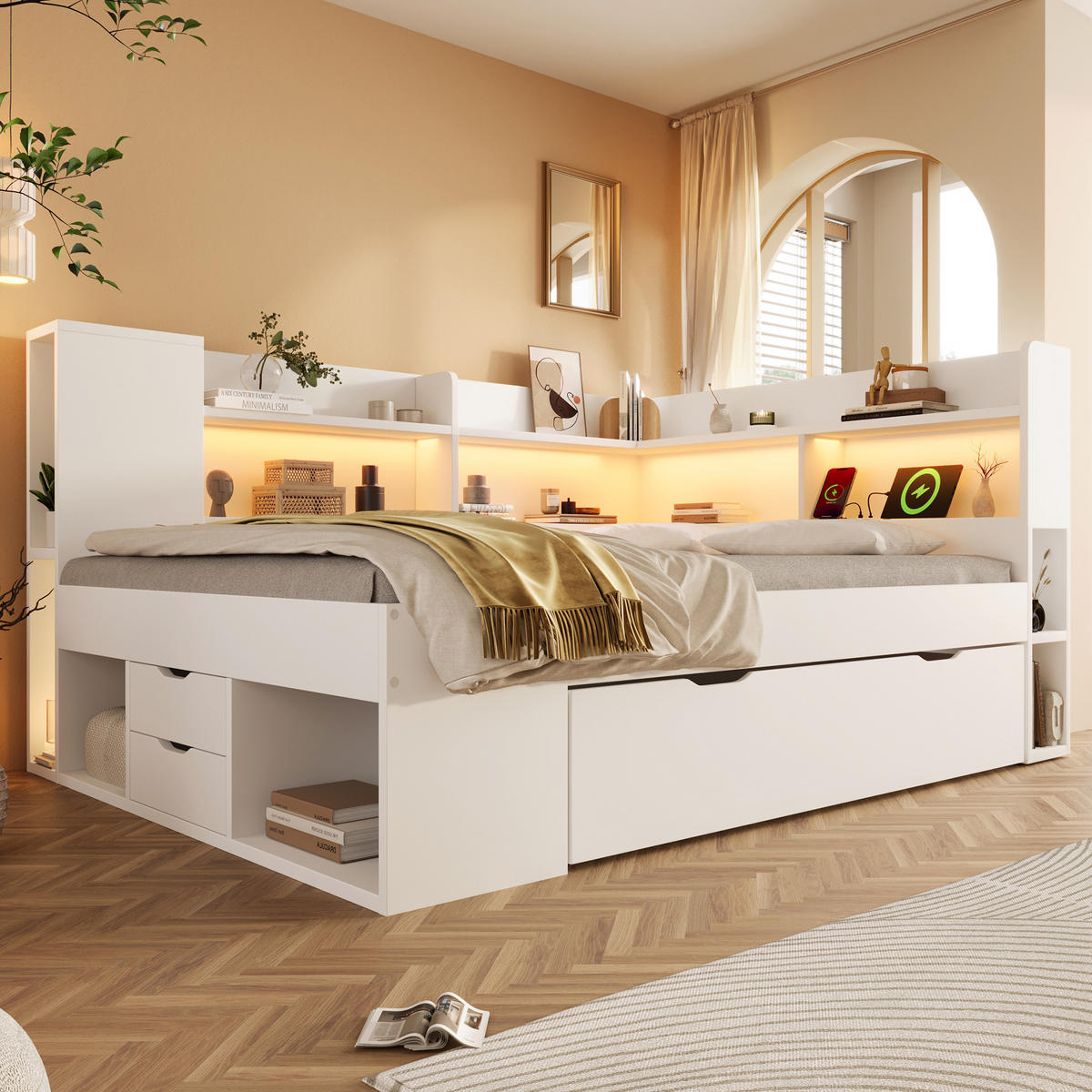 TAGESBETT 140/200 cm mit LED-Beleuchtung, USB- und Typ-C-Anschluss sowie Stauraum und Matratze, Weiß - Weiß, Holzwerkstoff (140/200cm) - Redom