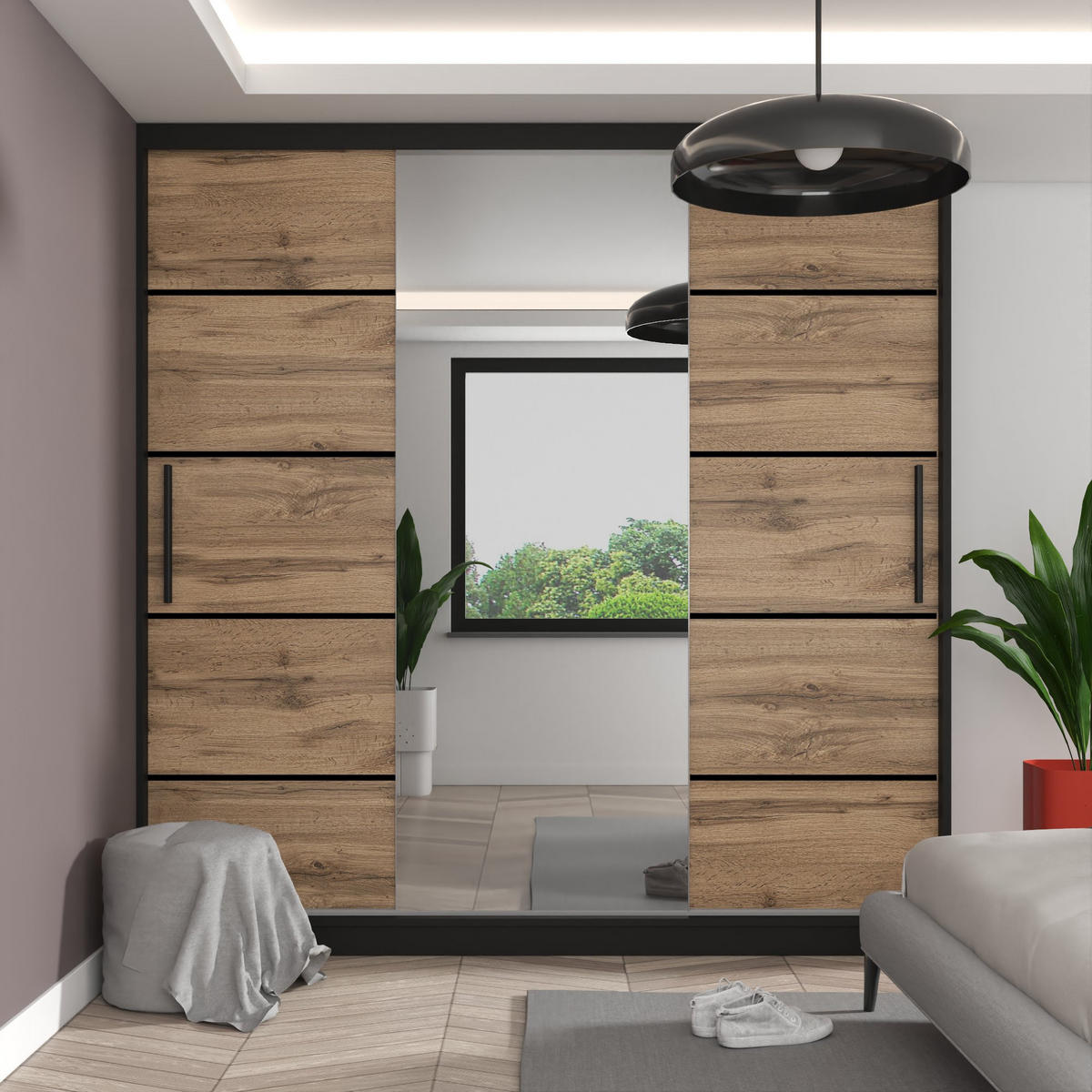 SCHWEBETÜRENSCHRANK Verona MT, Schwarz/Goldbraun Matt, 200 cm, mit Spiegel - Braun, Holz (200/216/60cm) - B BELINI GROUP