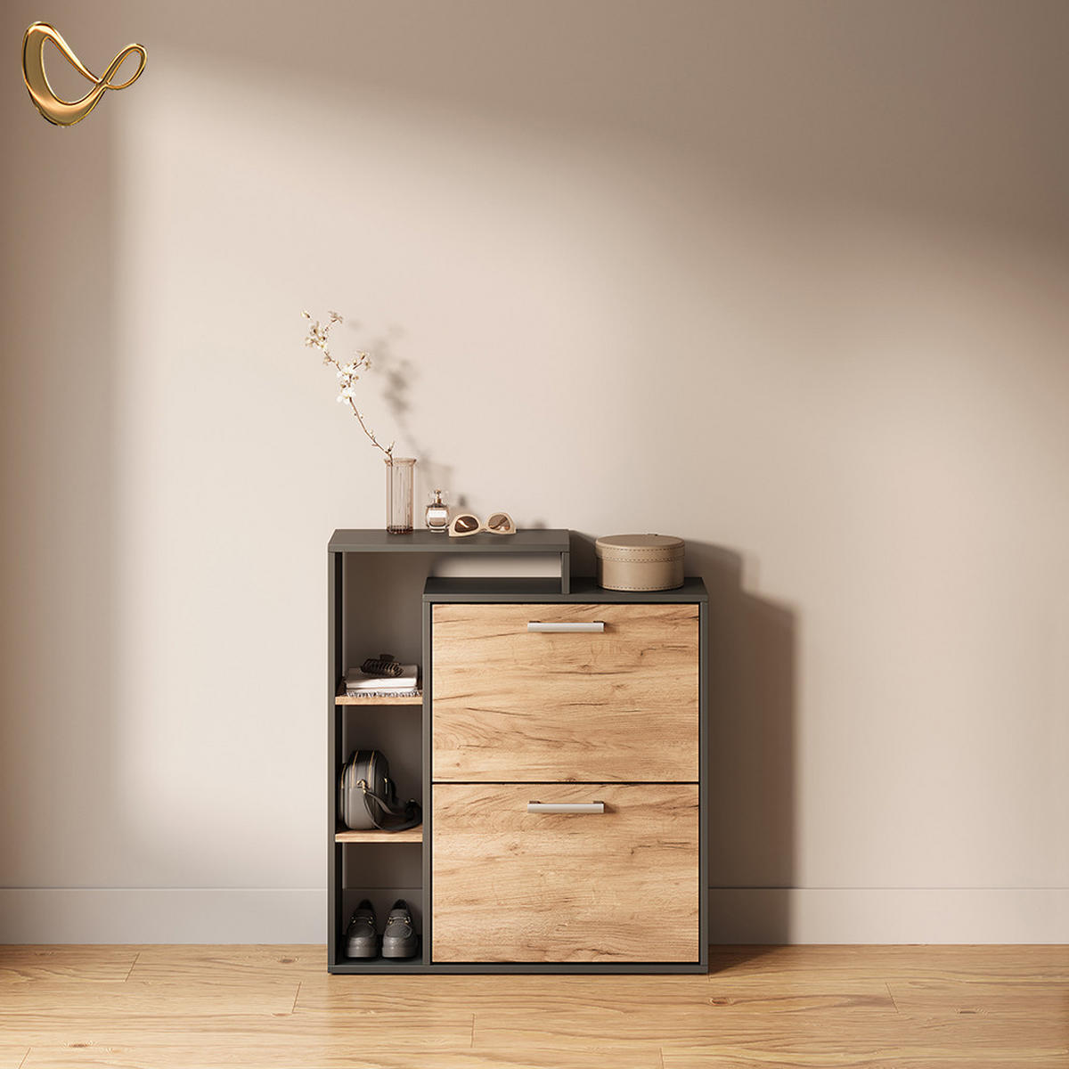 SCHUHKIPPER Ortello Goldkraft Eiche/Anthrazit 24.5 x 90 cm 2 Fächern - Honigeiche/Anthrazit, Holzwerkstoff (24.5/90/80cm) - Livinity®