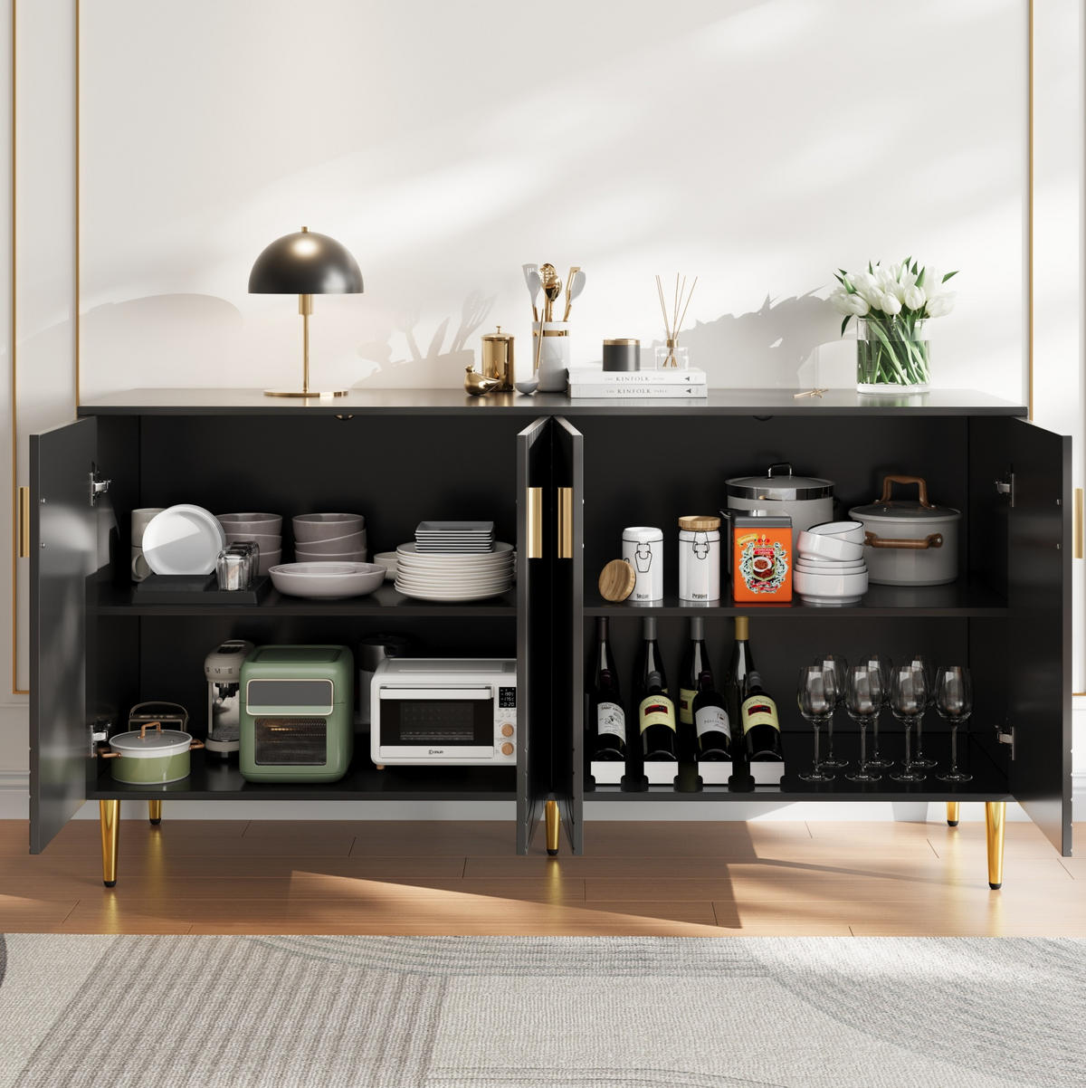 SIDEBOARD 152/40/75 cm, schwarze MDF-Wellenfront mit goldenen Akzenten und großzügigem Stauraum, Schwarz - Schwarz, Holzwerkstoff (152/75/40cm) - Redom