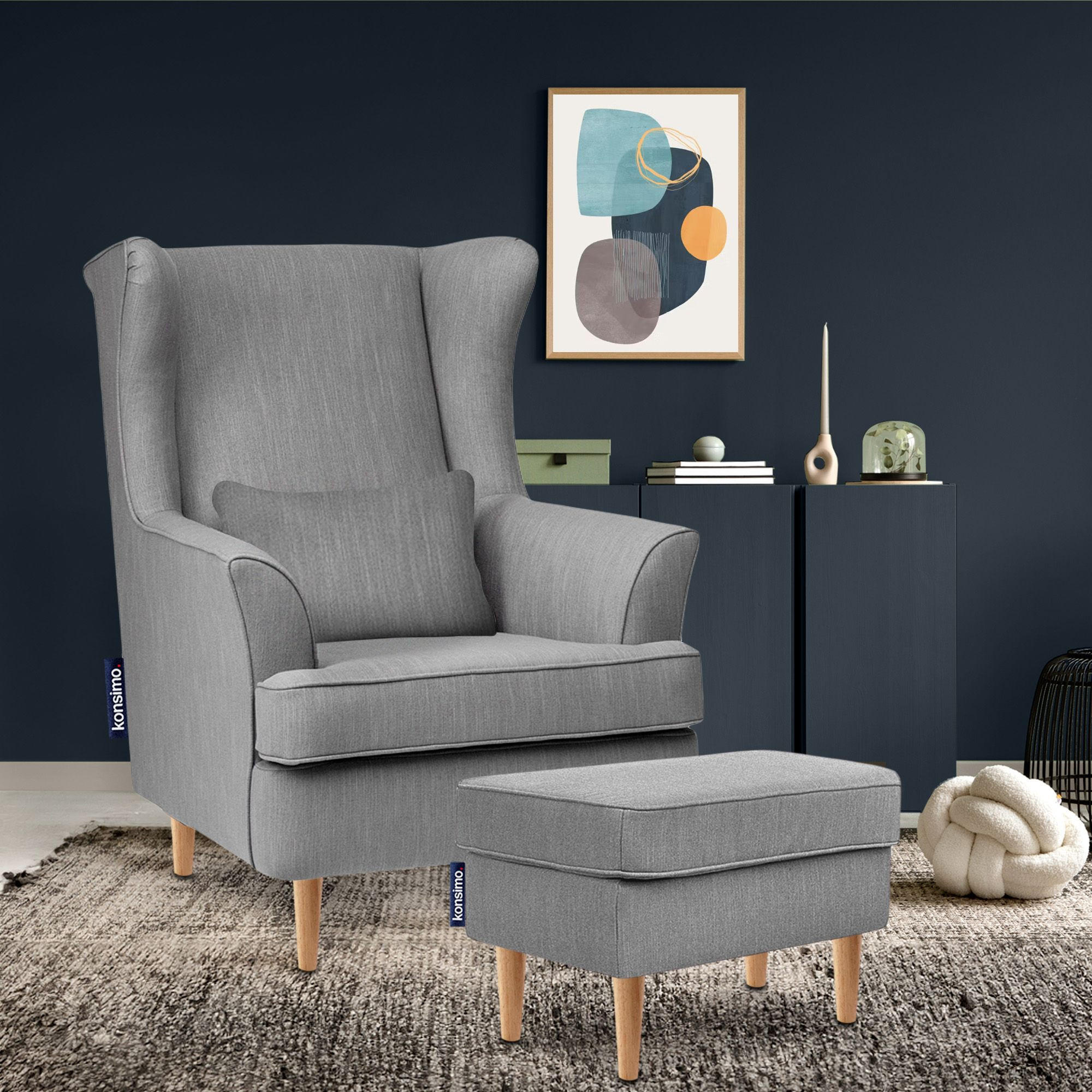 OHRENSESSEL STRALIS inklusive dekorativem Kissen, Grau/Dunkelgrau - Dunkelgrau/Grau, Textil (82/108/80cm) - KONSIMO®