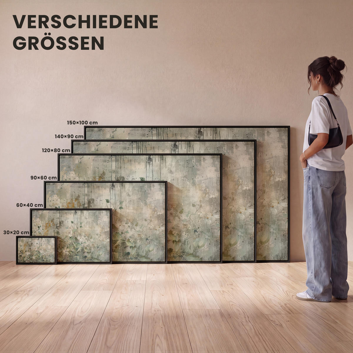 LEINWAND Bilder mit Rahmen - Blumen - Blätter - Abstrakt - Modern - 150x100 - Grau, Textil (150/100cm) - MuchoWow