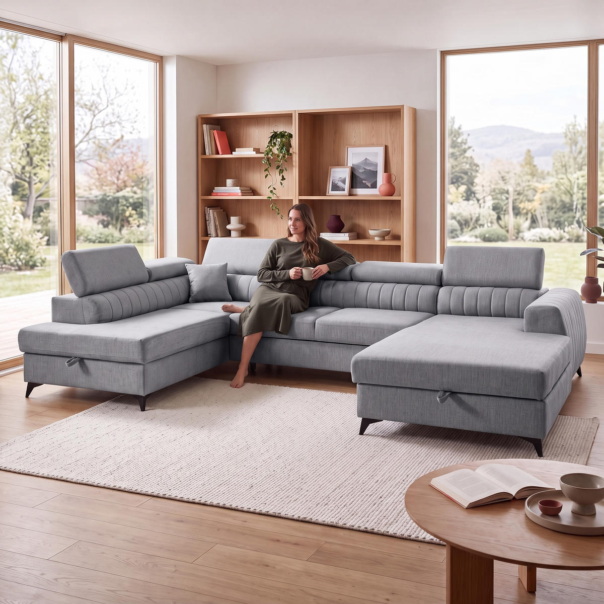 ECKSOFA U-Form PIERO U Links mit Schlaffunktion 125x260 Velours Grau - Schwarz/Grau, Holz/Textil (350/90/203cm) - Muffo