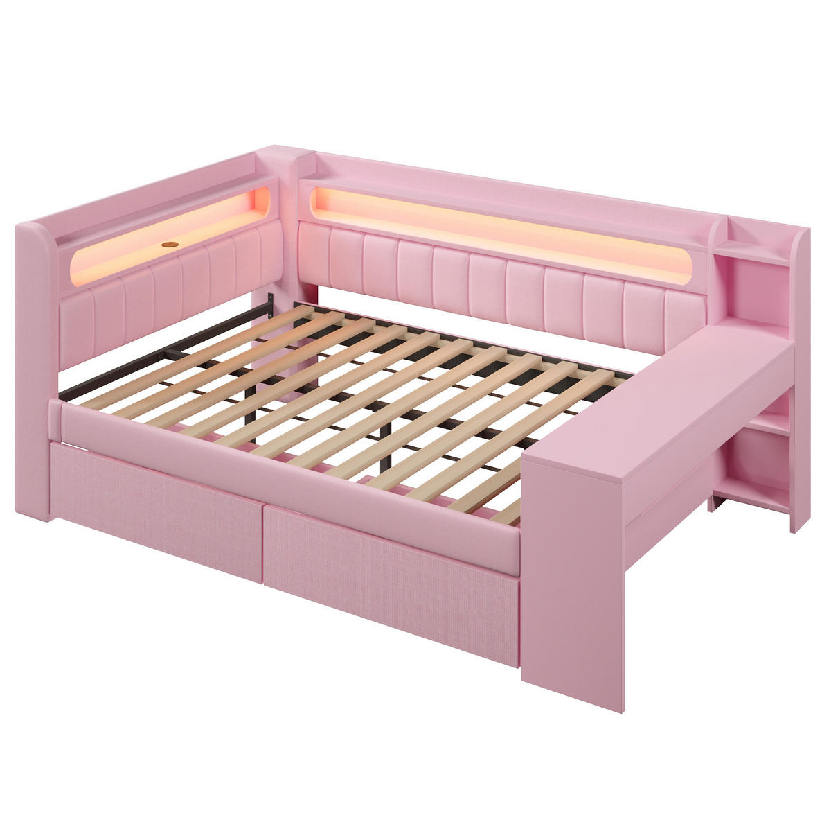 TAGESBETT 140/200 cm rosa aus MDF mit USB, LED, Schreibtisch und 2 Schubladen - Rosa, Holzwerkstoff (140/200cm) - OKWISH