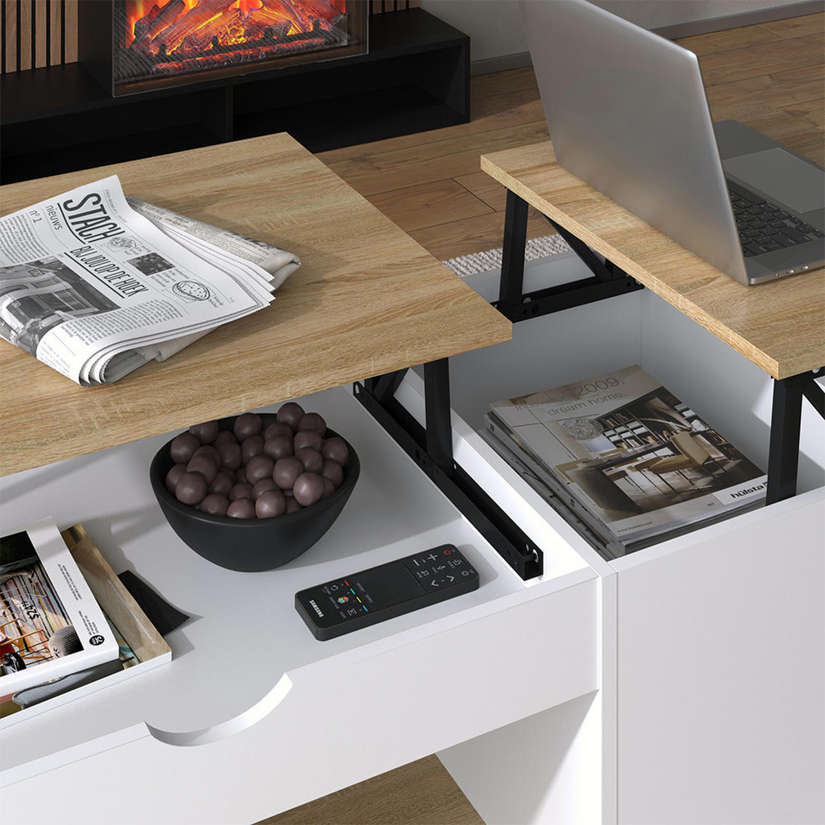 COUCHTISCH Avela Weiß/Sonoma 55 x 110 cm - Weiß, Holzwerkstoff (110/55/54cm) - Vicco