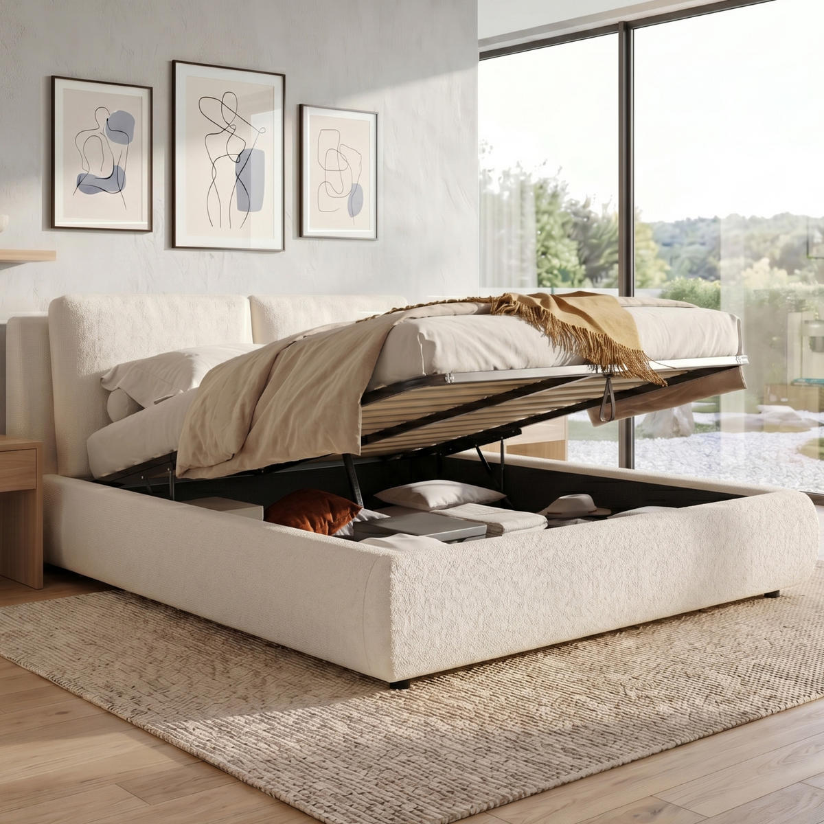 POLSTERBETT 160/200 cm in Beige Bouclé mit Stauraum - Beige, Holzwerkstoff/Textil (160/200cm) - WISHDOR