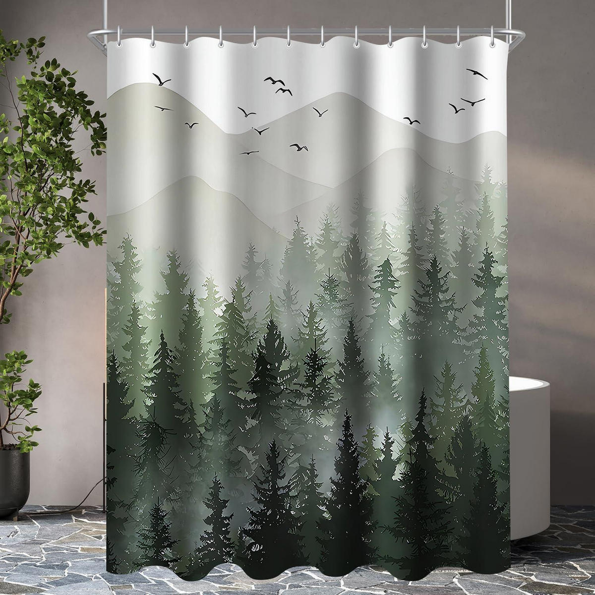DUSCHVORHANG Wald 200 x 160 cm Wasserabweisend Waschbar - Olivgrün, Textil (200/160cm)
