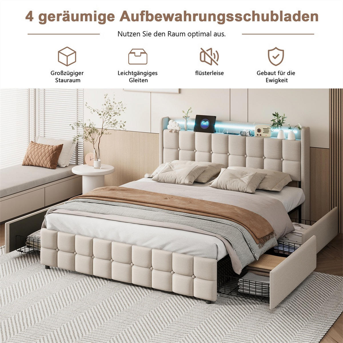 POLSTERBETT 180x200 cm Square Smart mit RGB-LED, EU-Steckdosen & USB-Ports, 4 Schubladen, Leinen-Optik, Beige - Beige, Textil (180/200cm) - DELFA