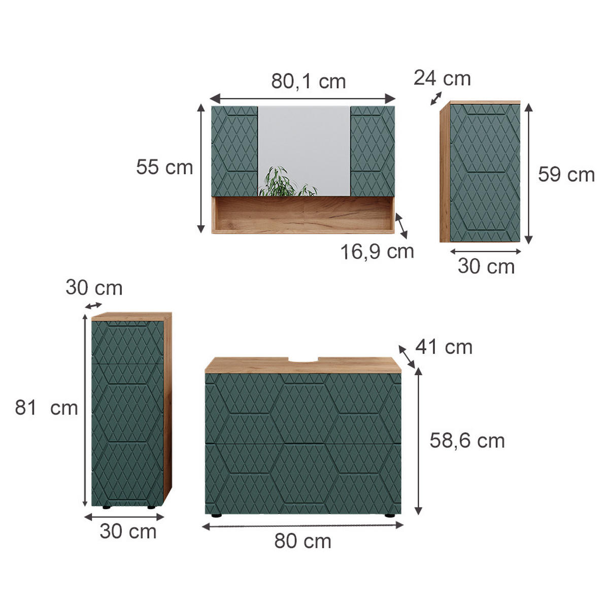 BADMÖBEL-SET Irma Grün 4 Teile - Honigeiche/Grün, Holzwerkstoff (80/58.6/41cm) - Vicco