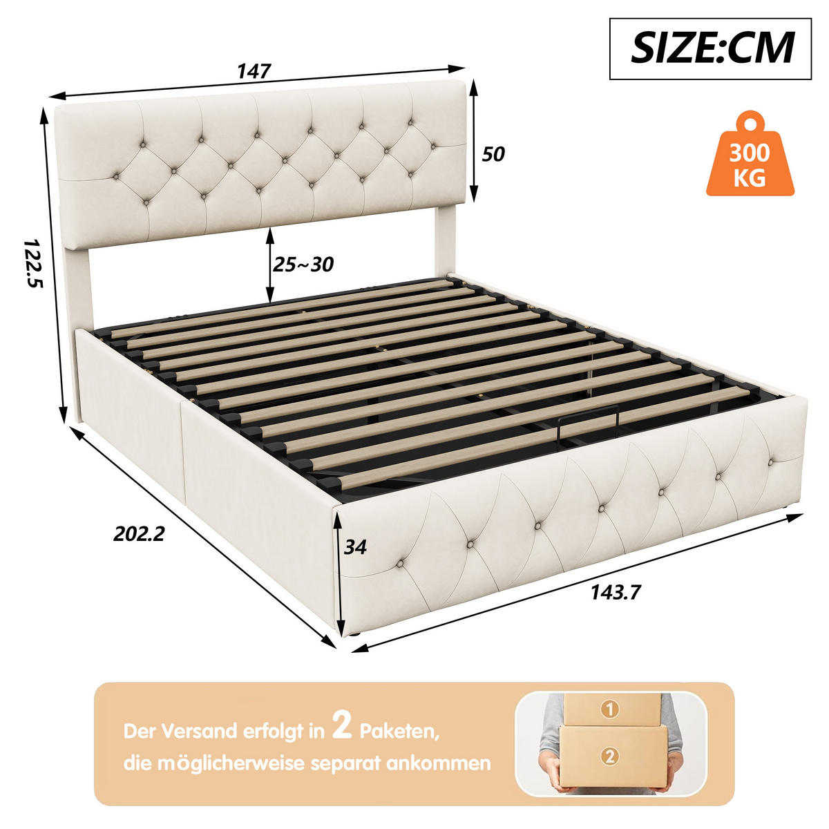 POLSTERBETT 140x200 cm, Beige, mit Lattenrost - Beige, Textil/Metall (140/200cm)