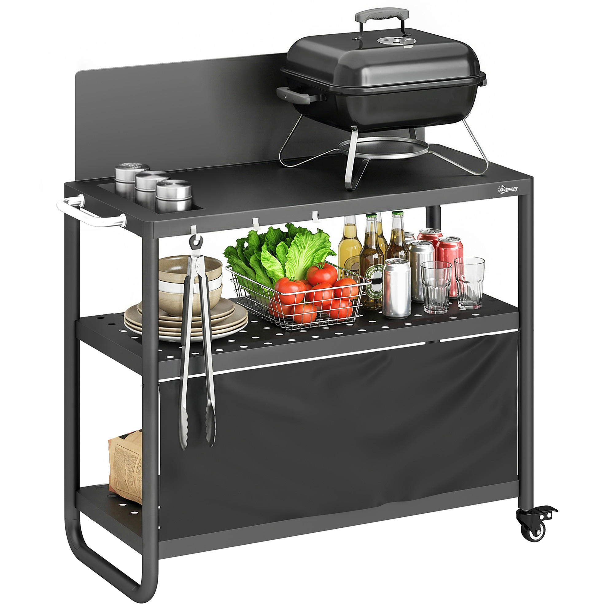 GRILLWAGEN DE-13848 3 Ebenen mit Windschutz & Schutzplane Schwarz - Schwarz, Metall (46/110/107cm) - ComfortXL