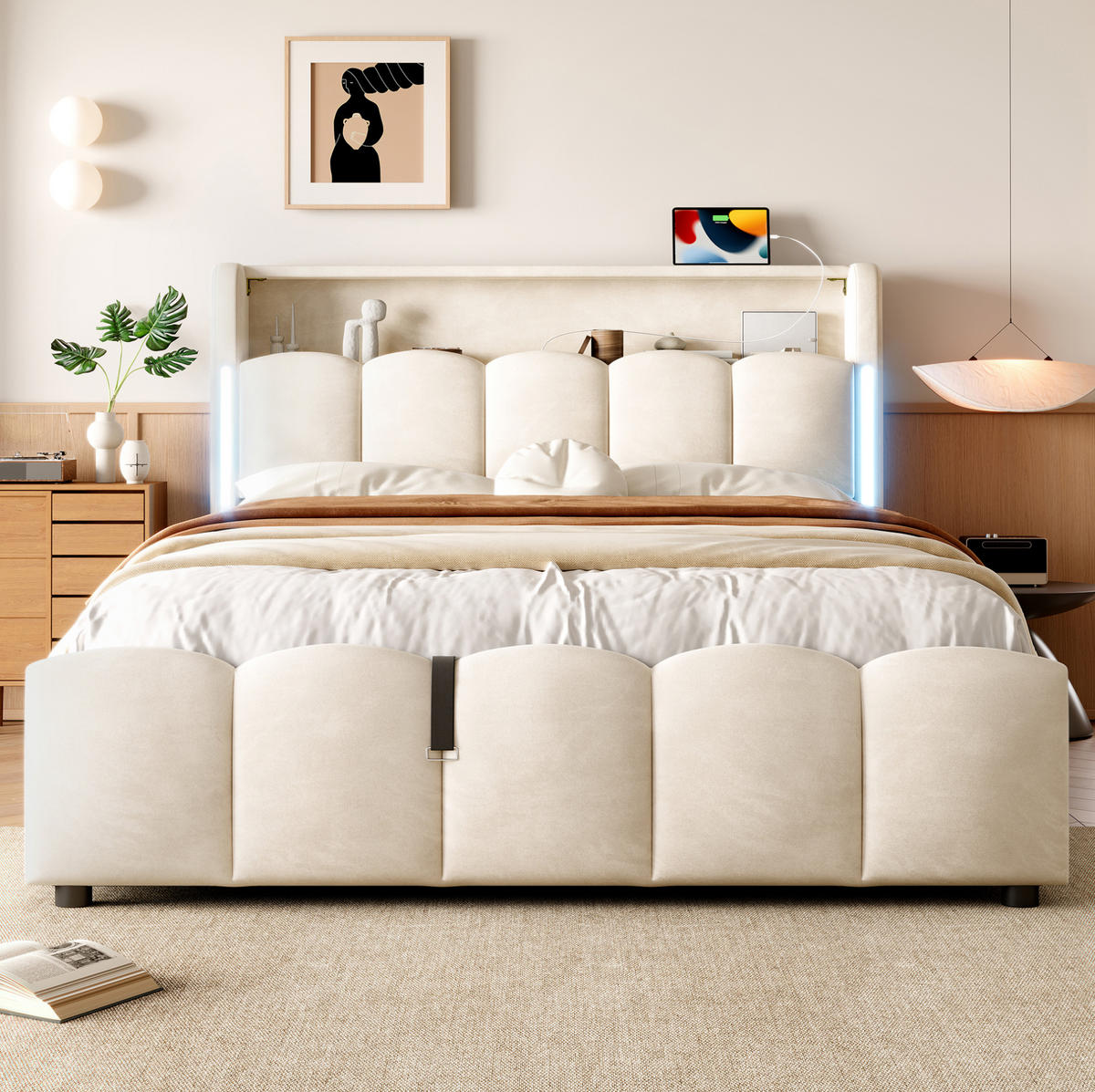 POLSTERBETT mit Stauraum 140x200 cm Samt Beige mit LED - Beige, Metall (140/200cm) - Meubliv